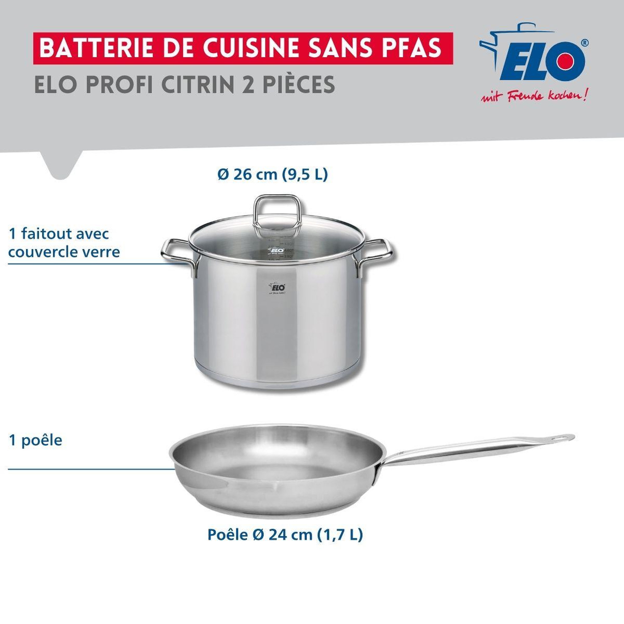Voir la diapositive 2 : ELO Ensemble de 1 poêle de cuisson 24 cm et 1 faitout 26 cm elo profi citrin
