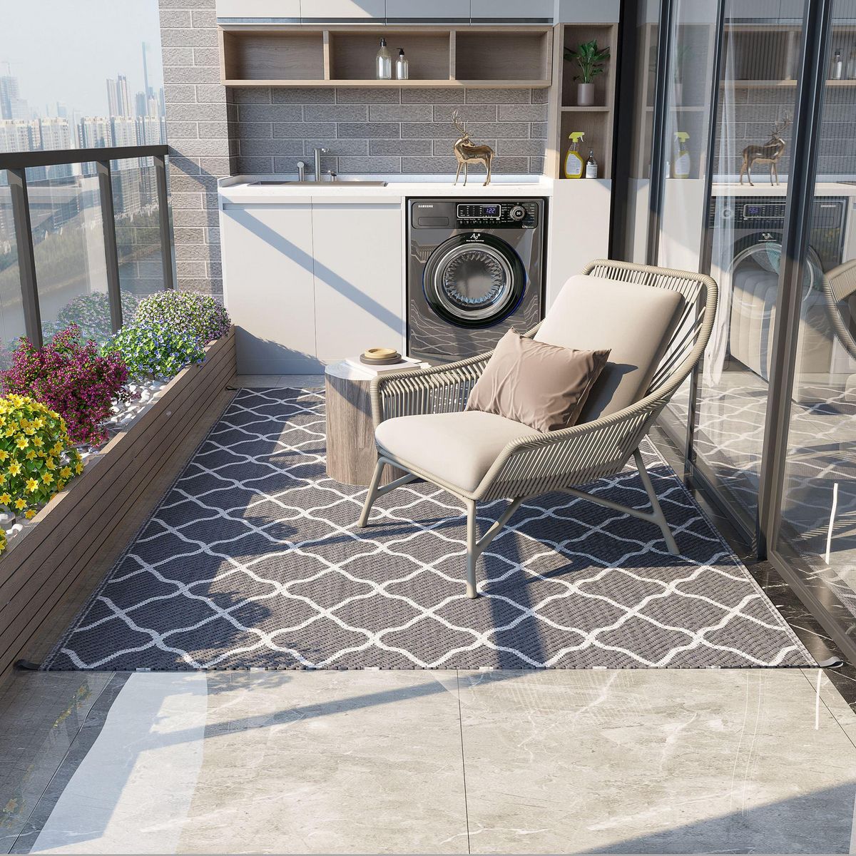 OUTSUNNY Tapis extérieur style graphique - tapis réversible bicolore - dim. 2,74L x 1,82l m, ép. 3 mm - PP haute densité 310 g/m² gris blanc