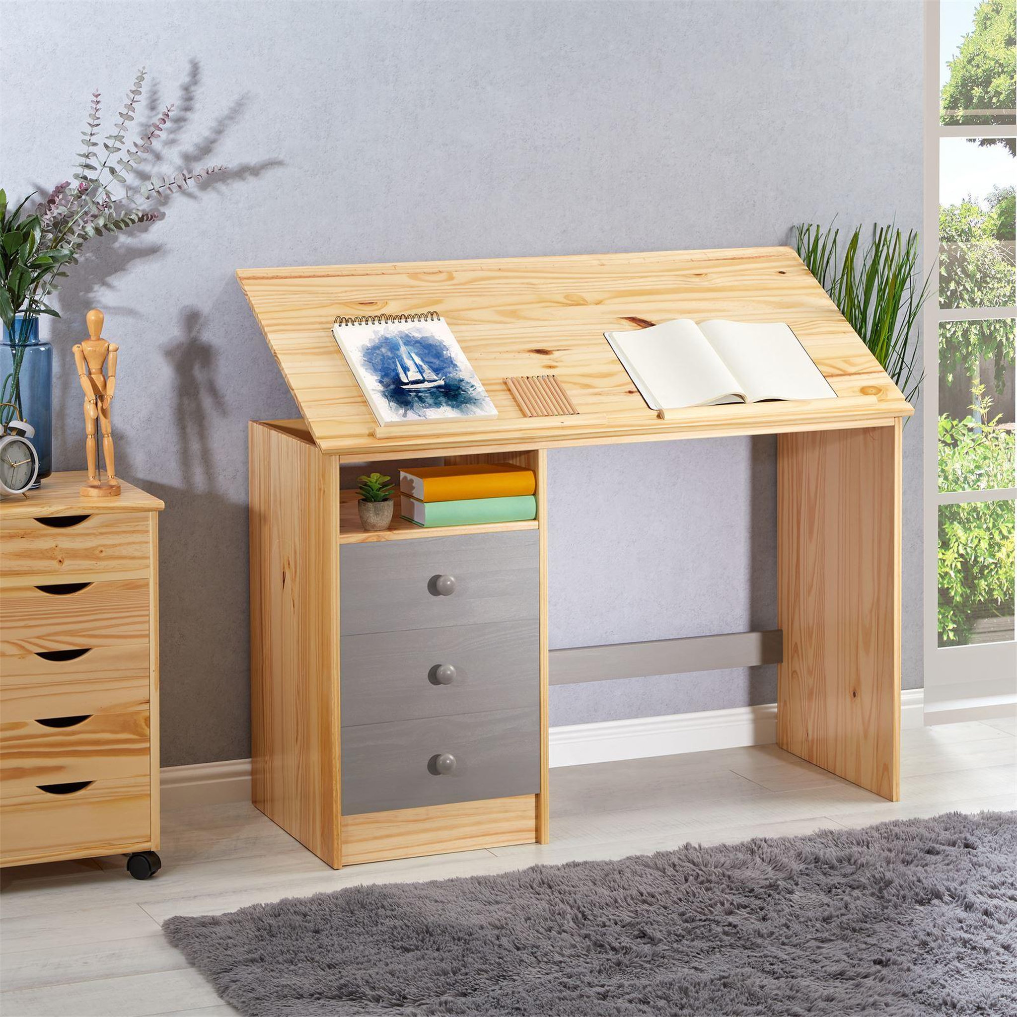 Voir la diapositive 2 : IDIMEX Bureau enfant KEVIN, en pin massif, 3 tiroirs et plateau inclinable