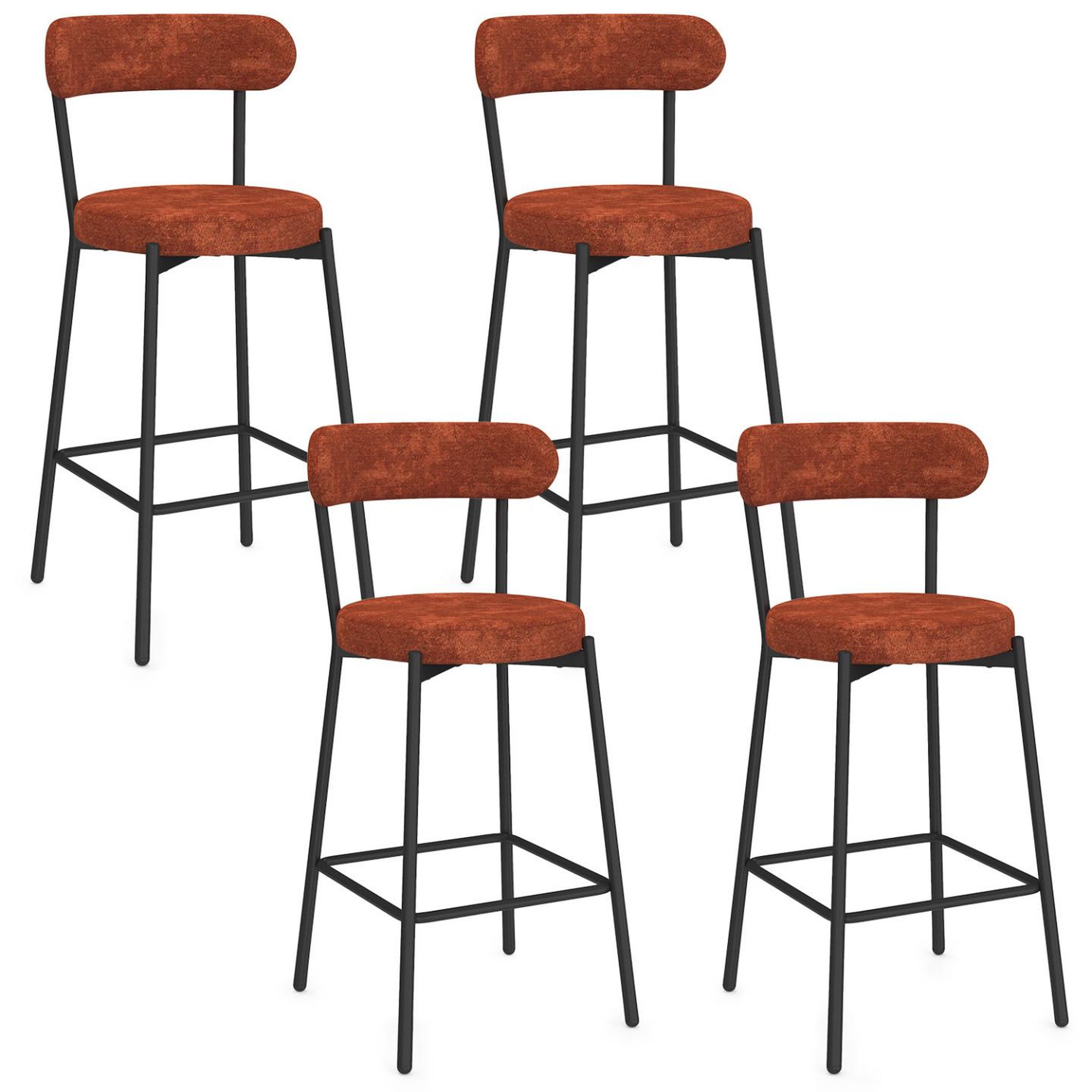 ID MARKET Lot de 4 tabourets de bar miki dossier incurvé en tissu chenille terracotta pieds en métal noir