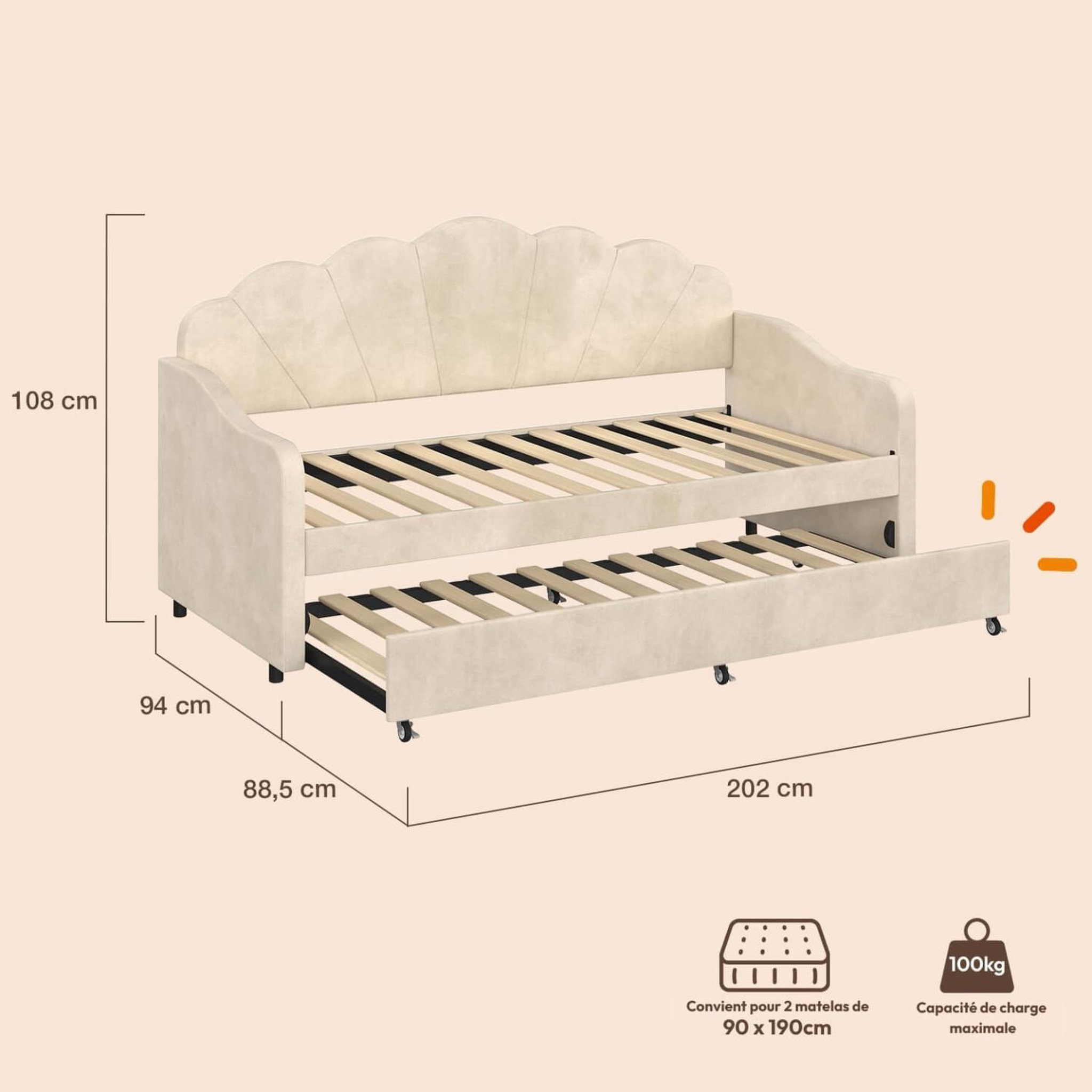 Voir la diapositive 4 : ID MARKET Lit banquette gigogne coquillage amanda 2 x 90 x 190 cm avec 2 sommiers velours beige