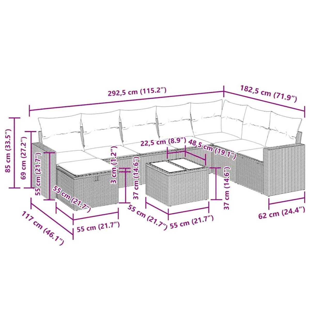 VIDAXL Salon de jardin 9 pcs avec coussins noir resine tressee
