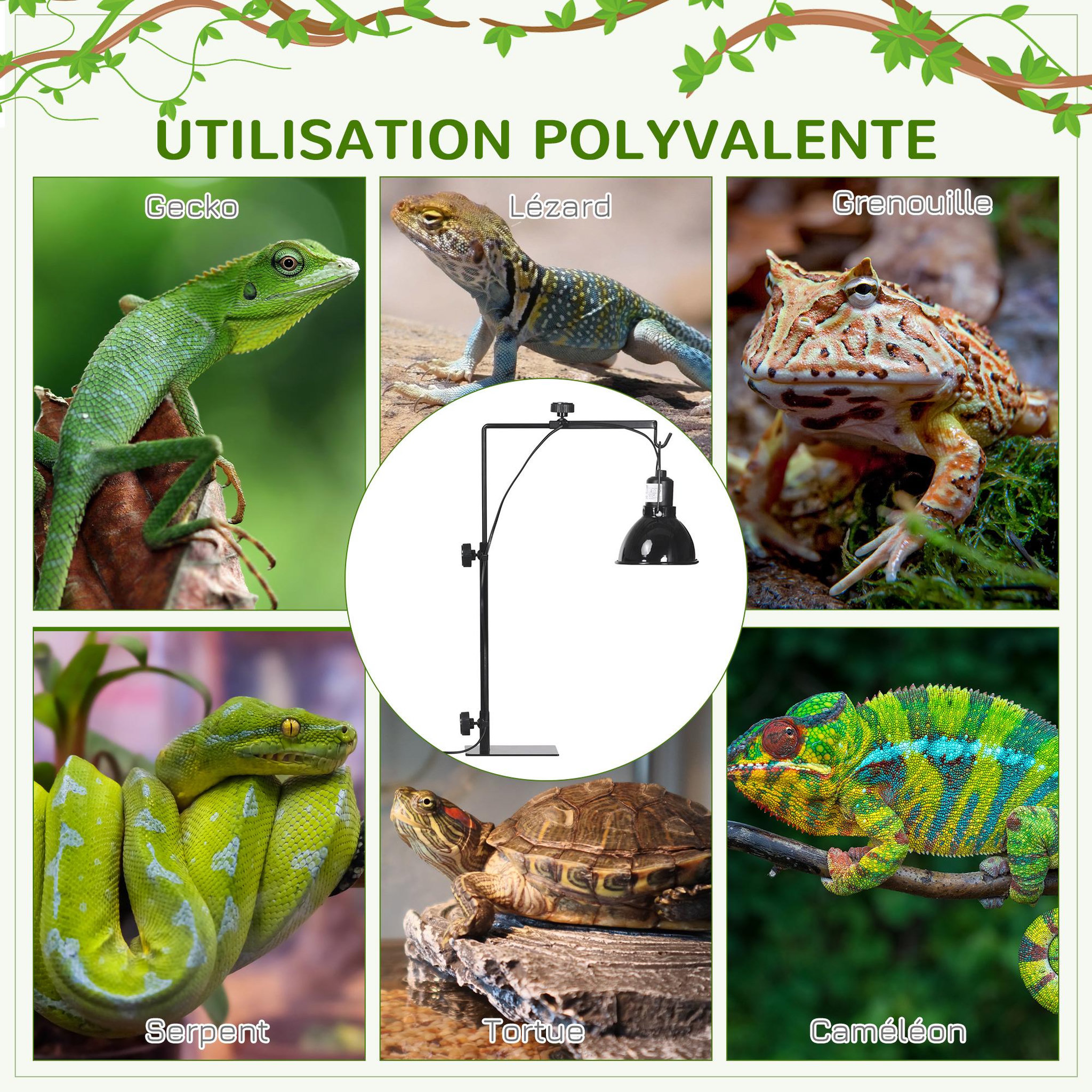 Voir la diapositive 4 : PAWHUT Support de lampe chauffante pour reptile - hauteur largeur réglables - acier noir