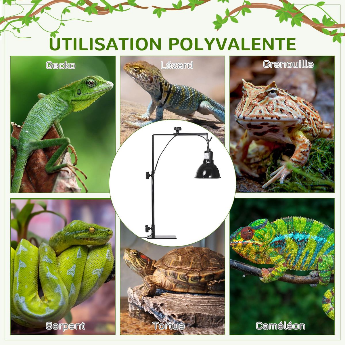 PAWHUT Support de lampe chauffante pour reptile - hauteur largeur réglables - acier noir