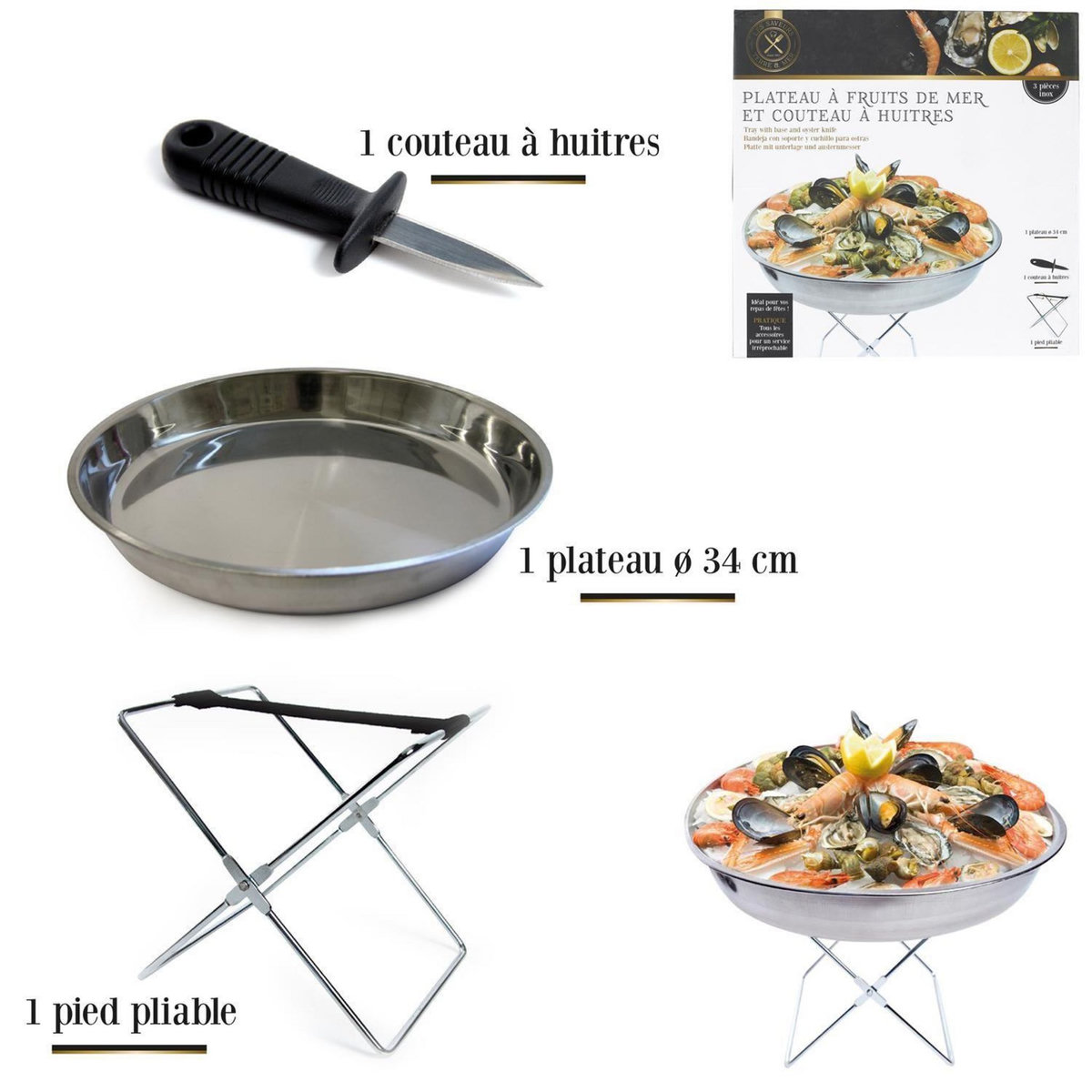 The Home Deco Factory Plateau à fruits de mer avec support et couteau à huitres