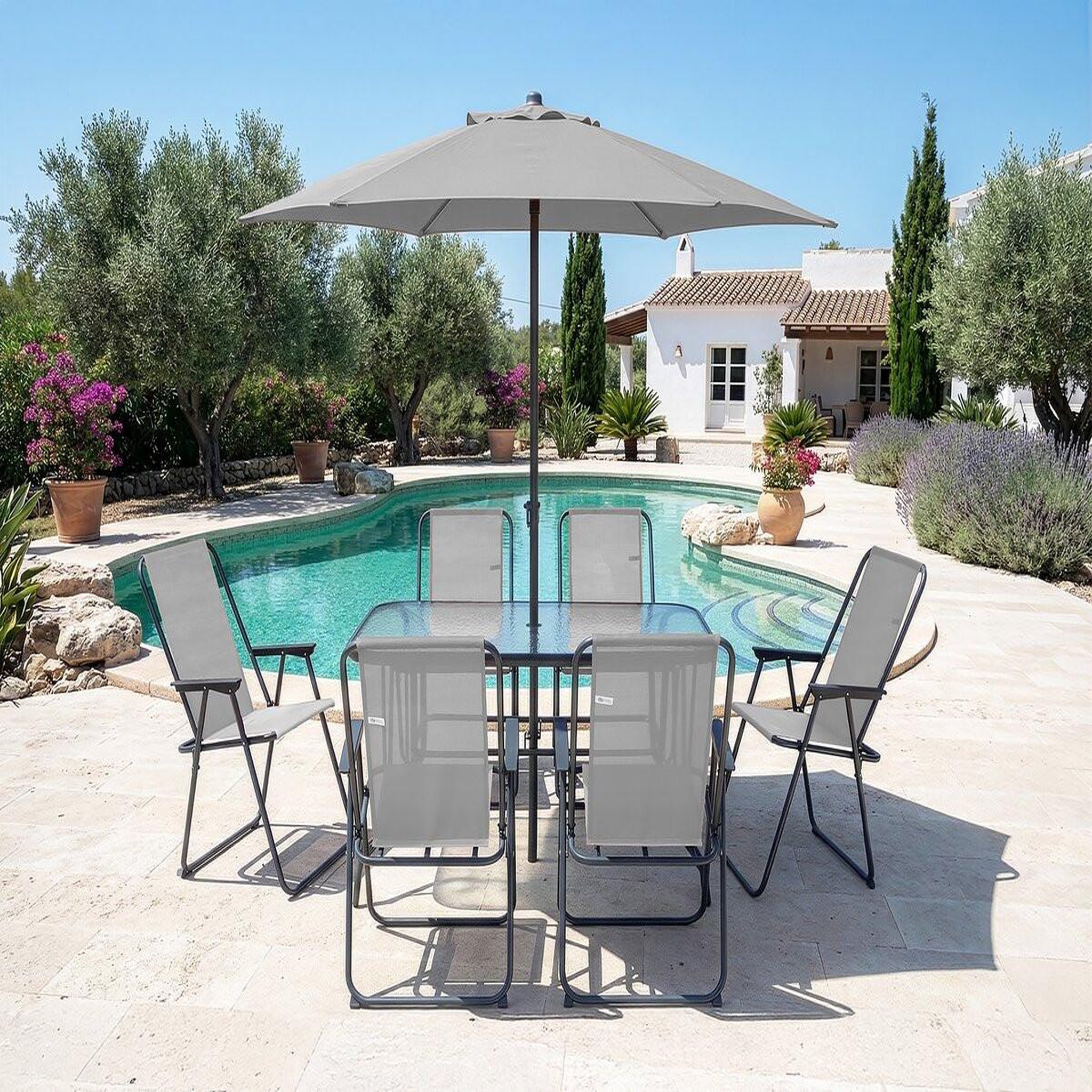 Voir la diapositive 2 : Habitat et Jardin Table et chaises de jardin avec parasol en métal  Convivia  - 6 places - Gris clair