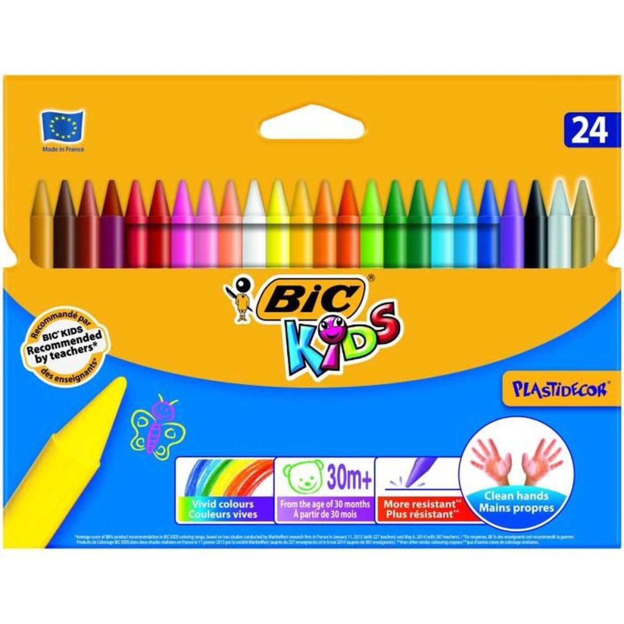 BIC Crayons de couleur Plastidecor Kids 24 couleurs BIC pour enfants à partir de 2 ans, cire plastique, pointe moyenne, étui carton