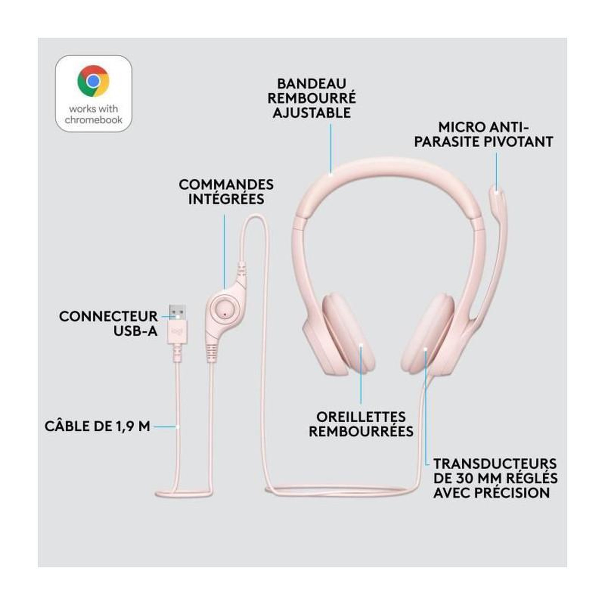 Voir la diapositive 6 : Logitech Logitech H390 Casque Filaire Stéréo avec Microphone Antibruit, USB-A - Rose