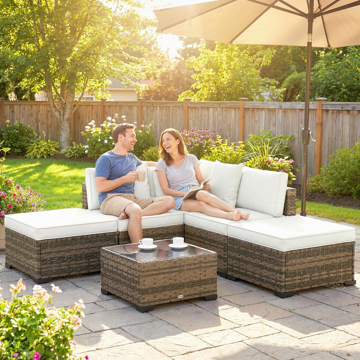 OUTSUNNY Salon de jardin d'angle 5 places avec table basse et coussins résine marron crème