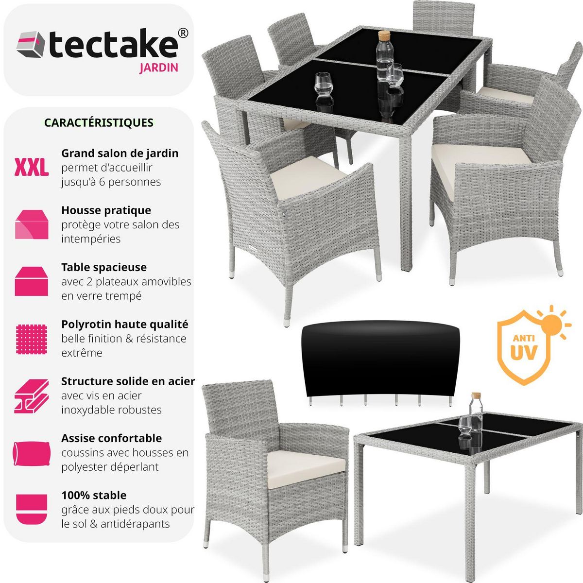 tectake Salon de jardin pour 6 personnes gris clair/crème