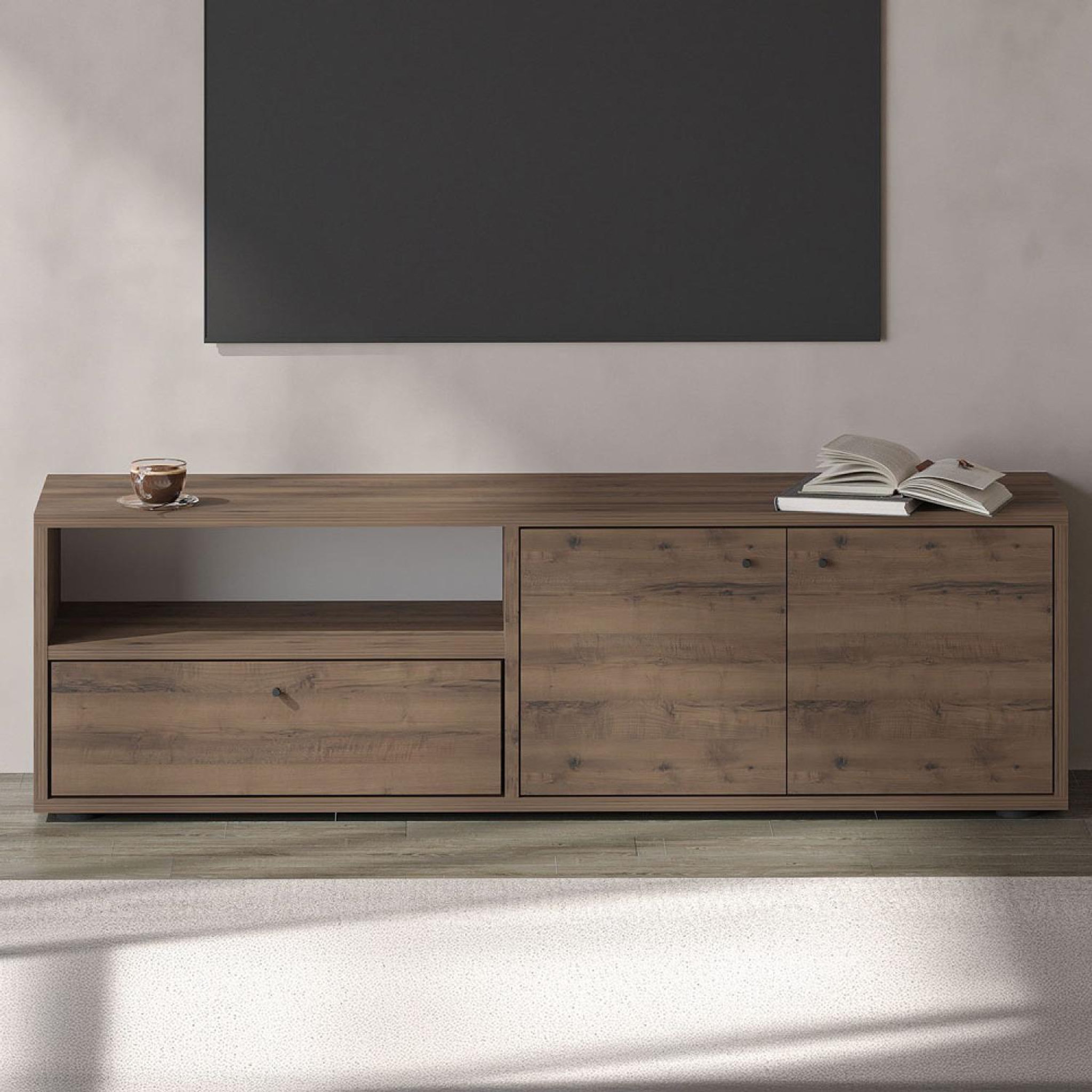 Voir la diapositive 2 : CONCEPT USINE Meuble tv avec placards et niche aspect bois de noyer 136cm oaki