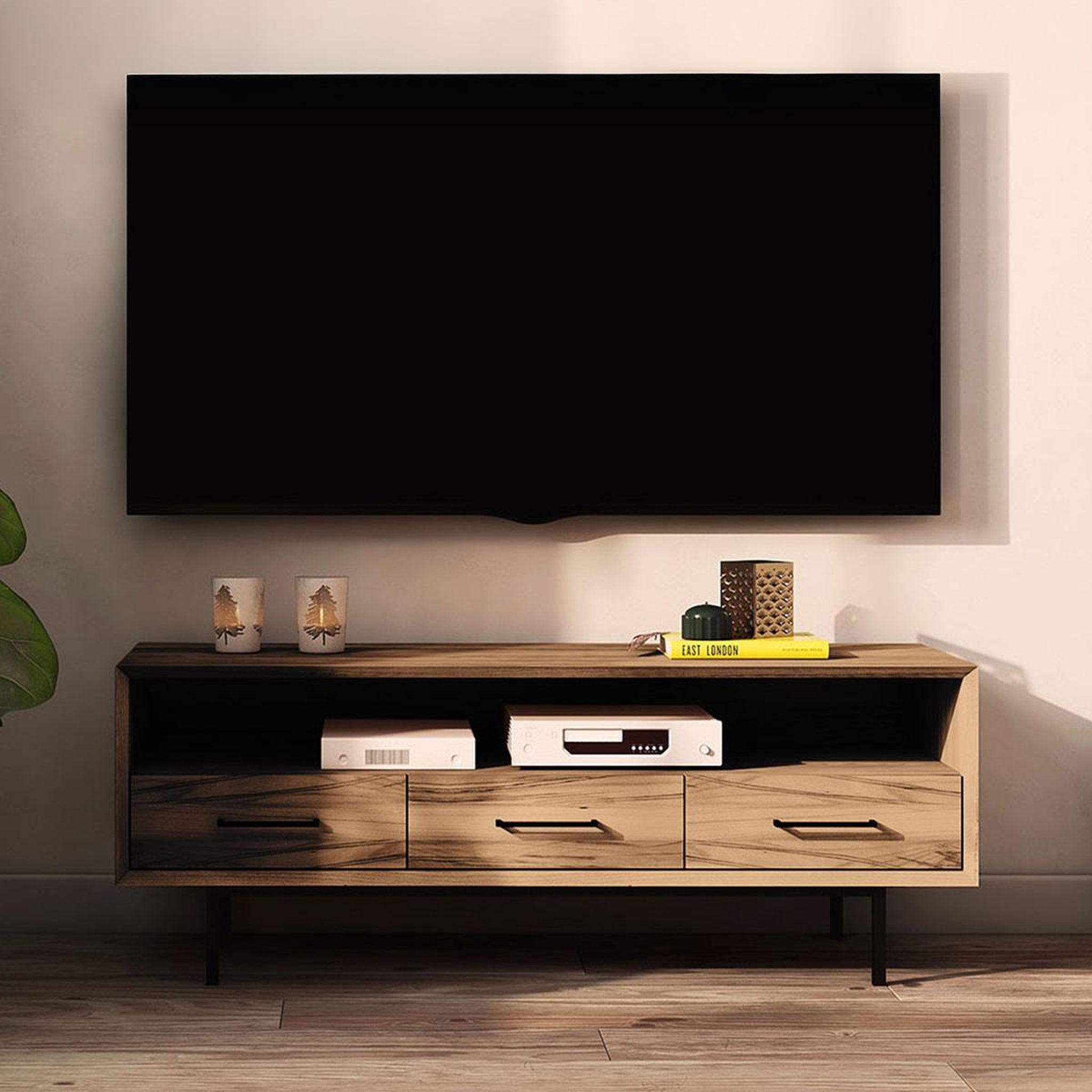 Voir la diapositive 2 : MAISON AUBERTIN Meuble tv bois hêtre 3 tiroirs paola 144x45 cm - bois foncé