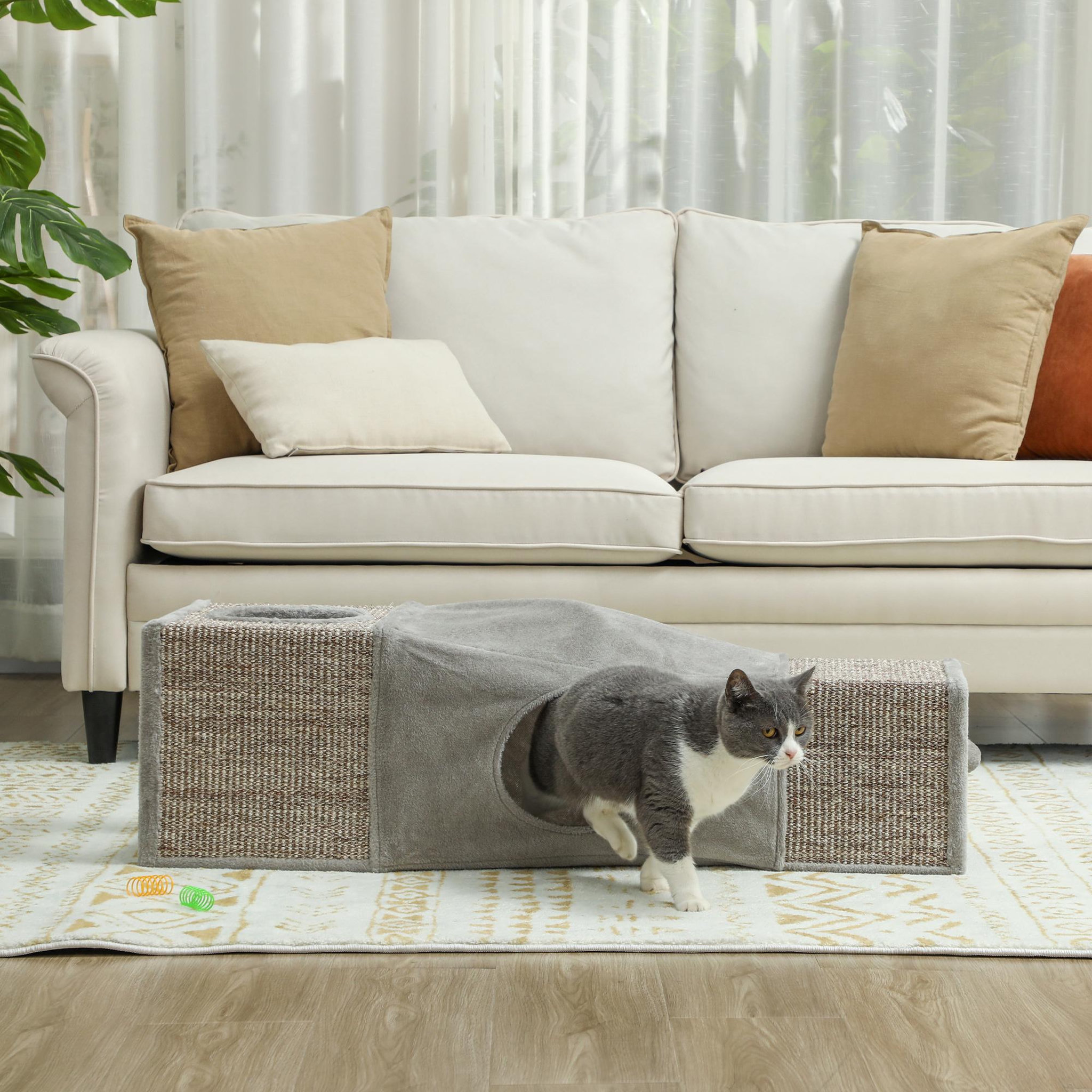 Voir la diapositive 4 : PAWHUT Tunnel grattoir niche modulable pour chat 3 en 1 - jeu balle suspendue - 4 entrées - peluche sisal gris