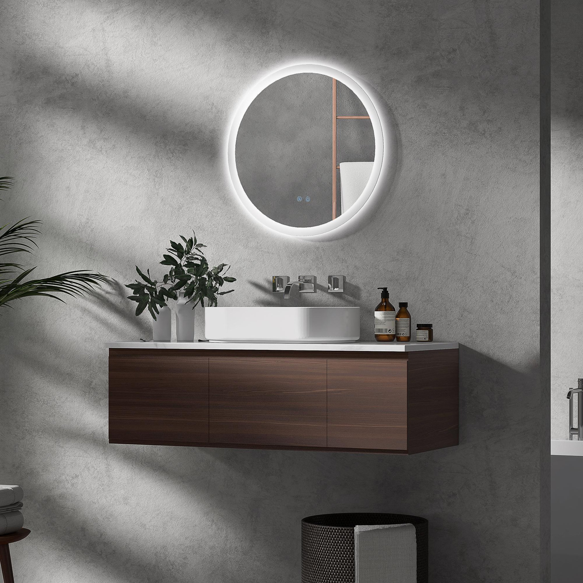 Voir la diapositive 2 : KLEANKIN Miroir rond lumineux led de salle de bain ø 60 cm mural avec éclairage 3 couleurs interrupteur tactile système antibuée 29 w gris