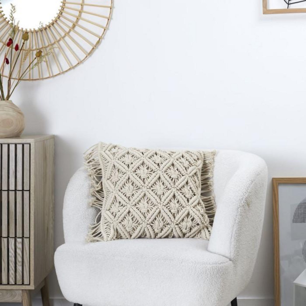 Paris Prix Coussin Déco Macramé  Crush  40x40cm Beige