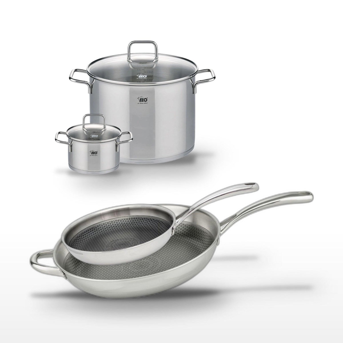 ELO Lot Poêle 32 cm et 28 cm Elo Relief Evolution avec 2 Faitouts 16 cm et 26 cm