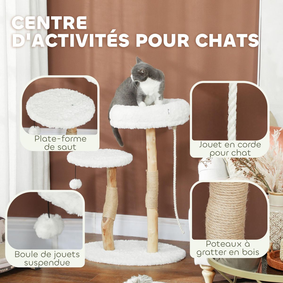 PAWHUT Arbre à chat style bohème chic H.85 cm plateforme panier observation corde boule bois naturel effet laine bouclée