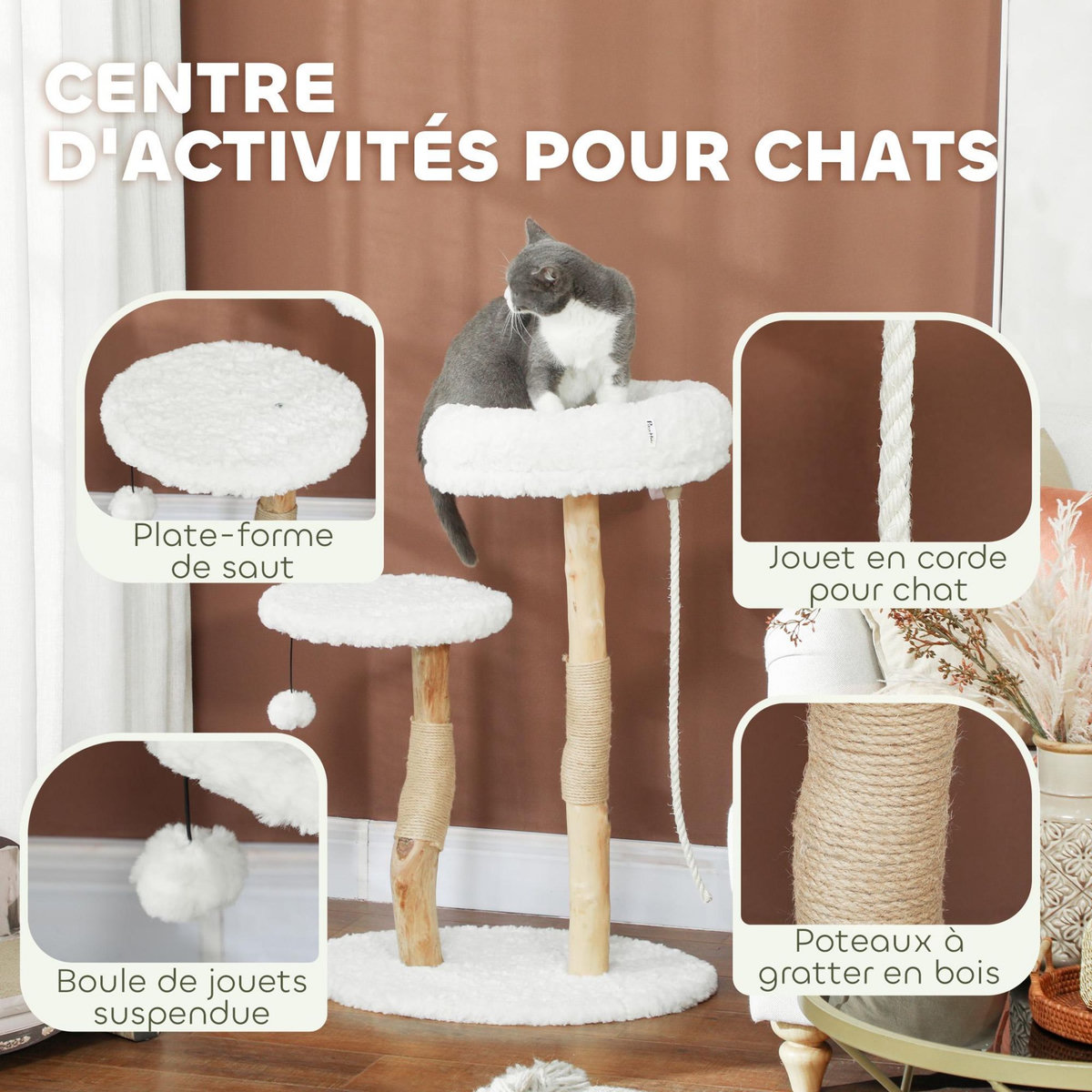 PAWHUT Arbre à chat style bohème chic H.85 cm plateforme panier observation corde boule bois naturel effet laine bouclée