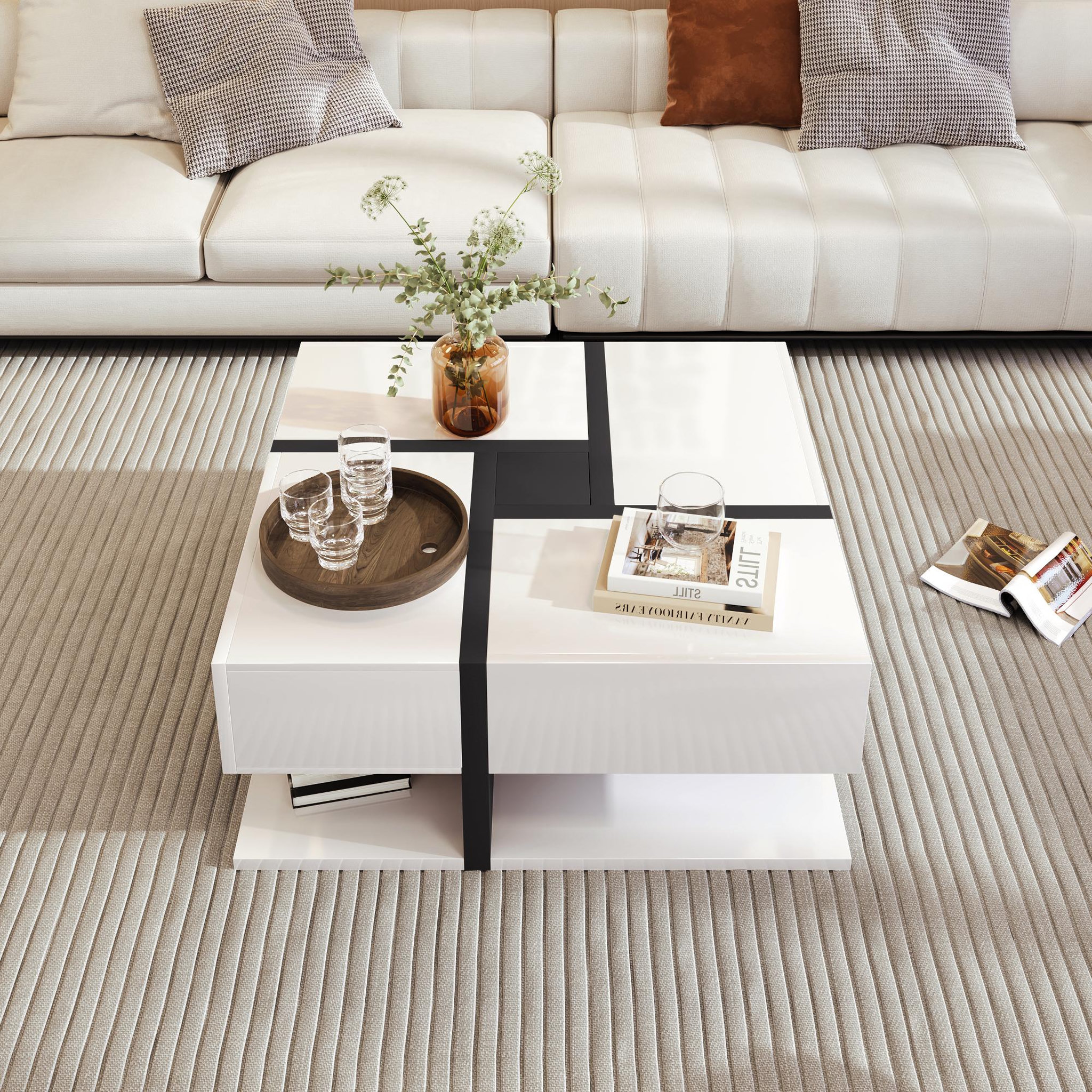 Voir la diapositive 4 : MERAX Table basse carrée blanc+noir avec 4 tiroirs - 78x78 cm panneau de particules