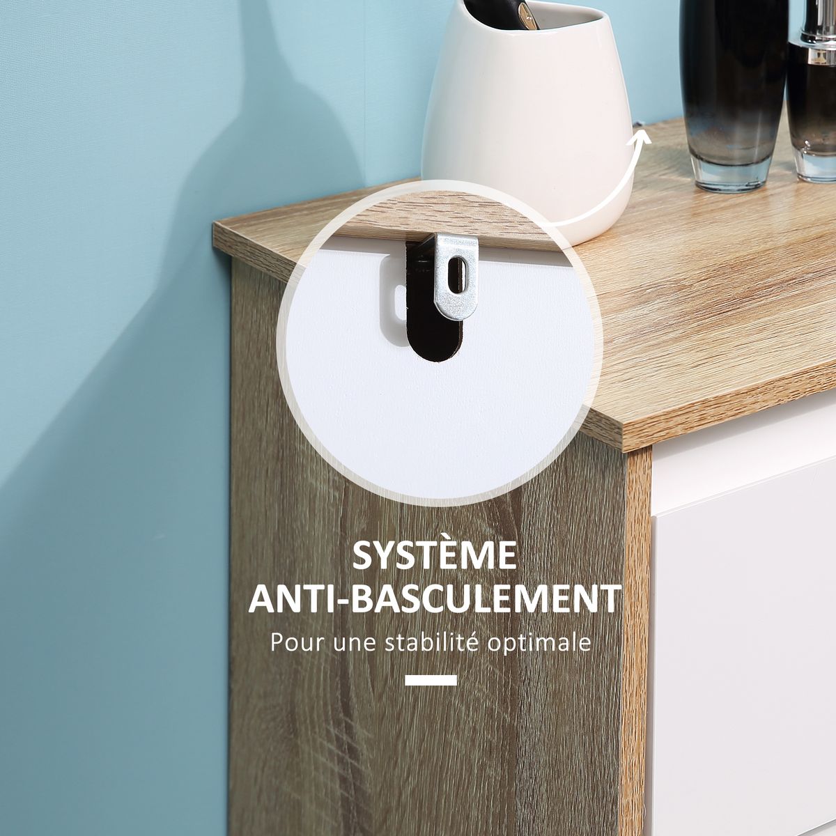 KLEANKIN Meuble colonne bas salle de bain style cosy dim. 32L x 30l x 90H cm porte étagère tiroir MDF blanc aspect chêne clair