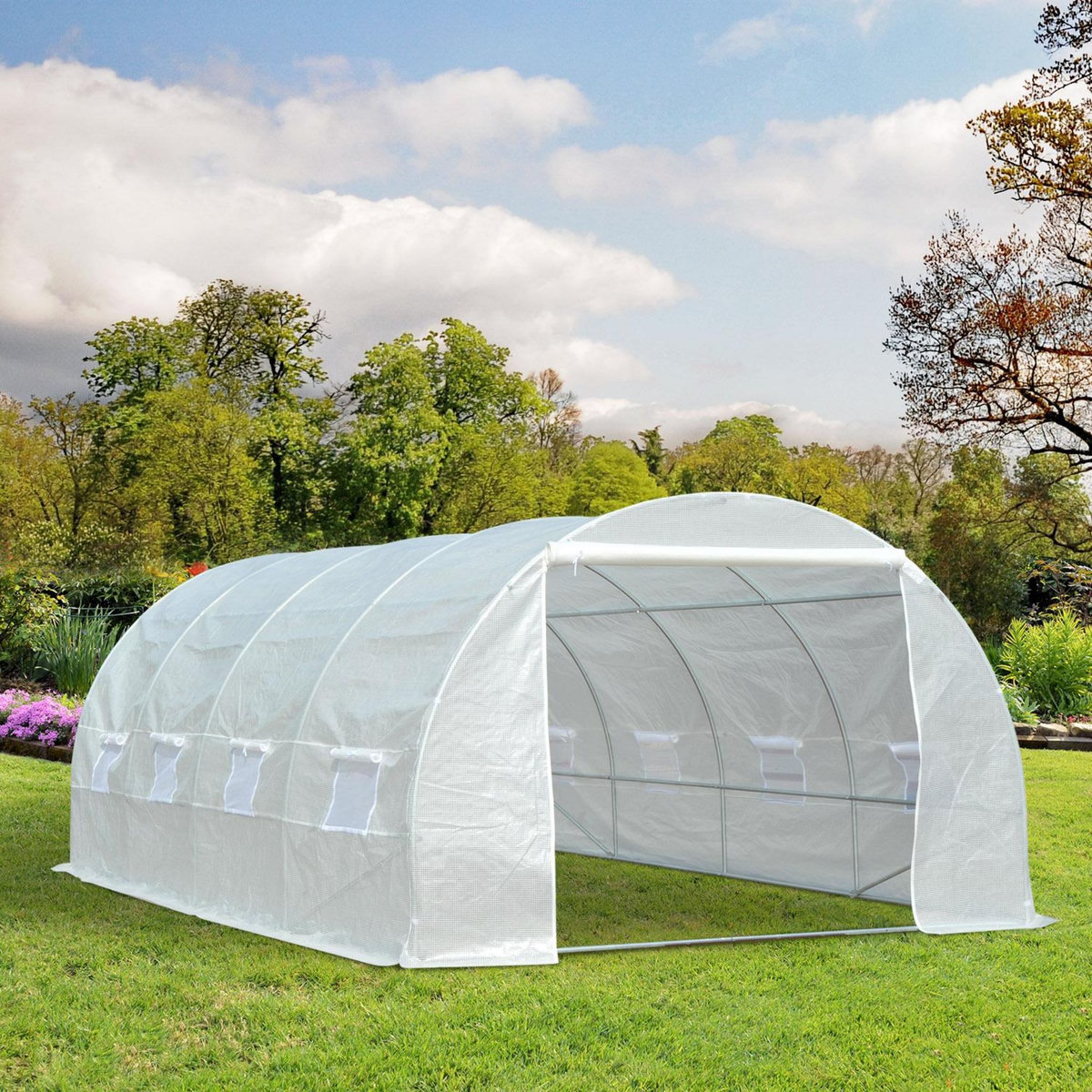 OUTSUNNY Serre de jardin tunnel surface sol 18 m² 6L x 3l x 2H m châssis tubulaire renforcé 24 mm 8 fenêtres blanc