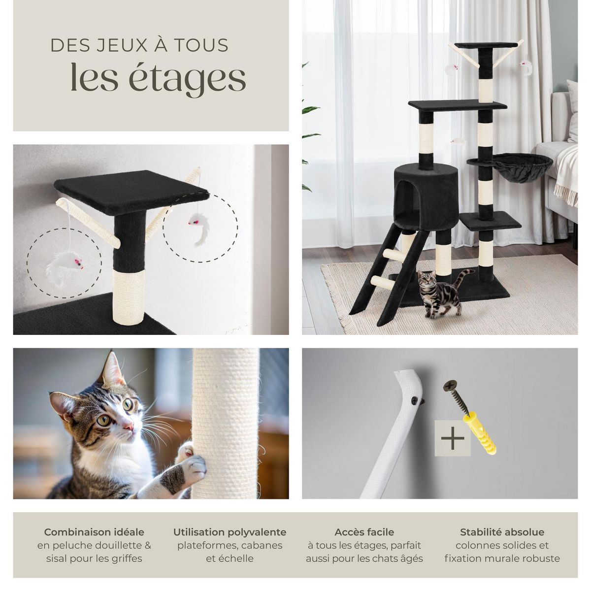 tectake Arbre à chat 144 cm avec griffoir et plateforme d'escalade noir