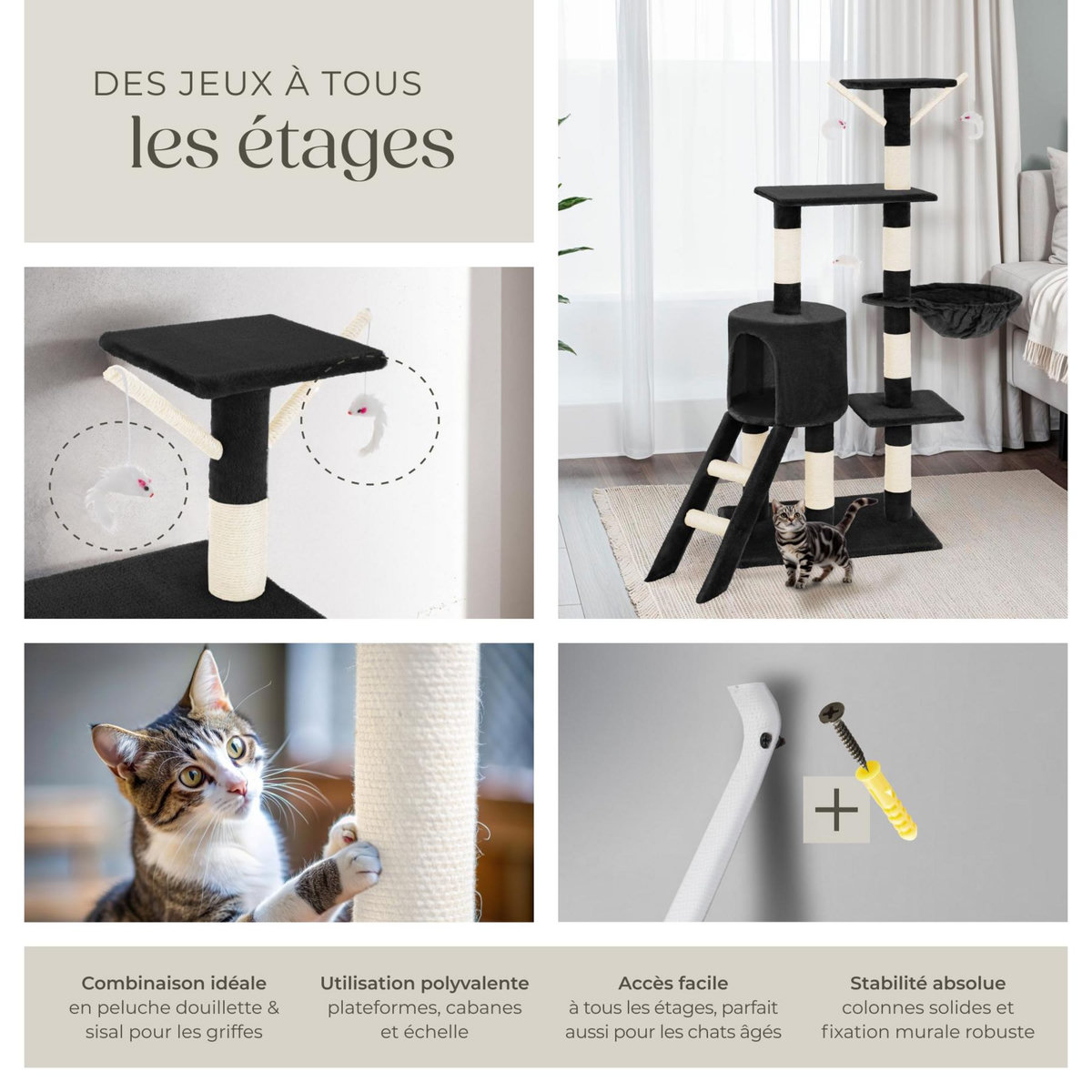 tectake Arbre à chat 144 cm avec griffoir et plateforme d'escalade noir