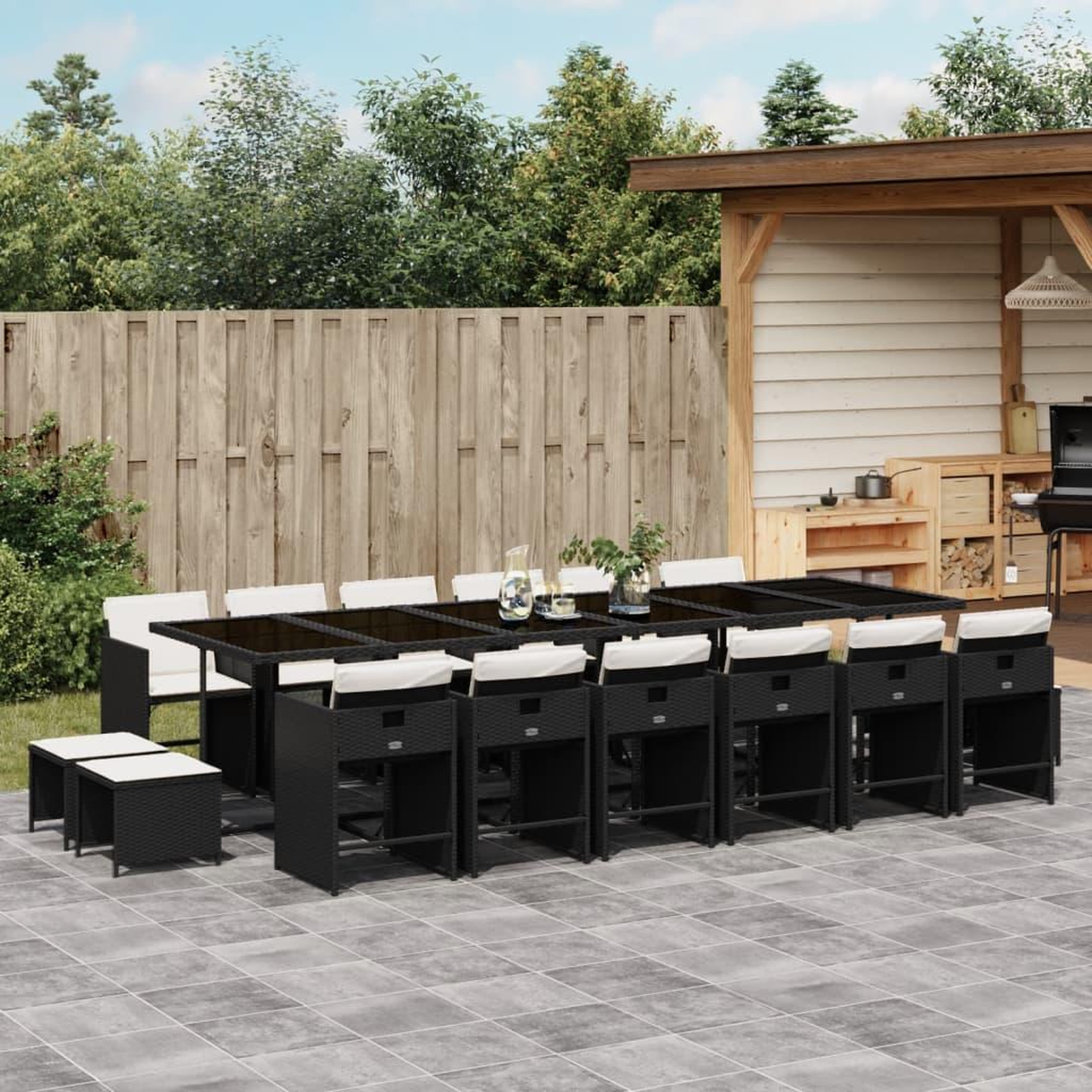 VIDAXL Ensemble a manger de jardin 17 pcs coussins noir resine tressee