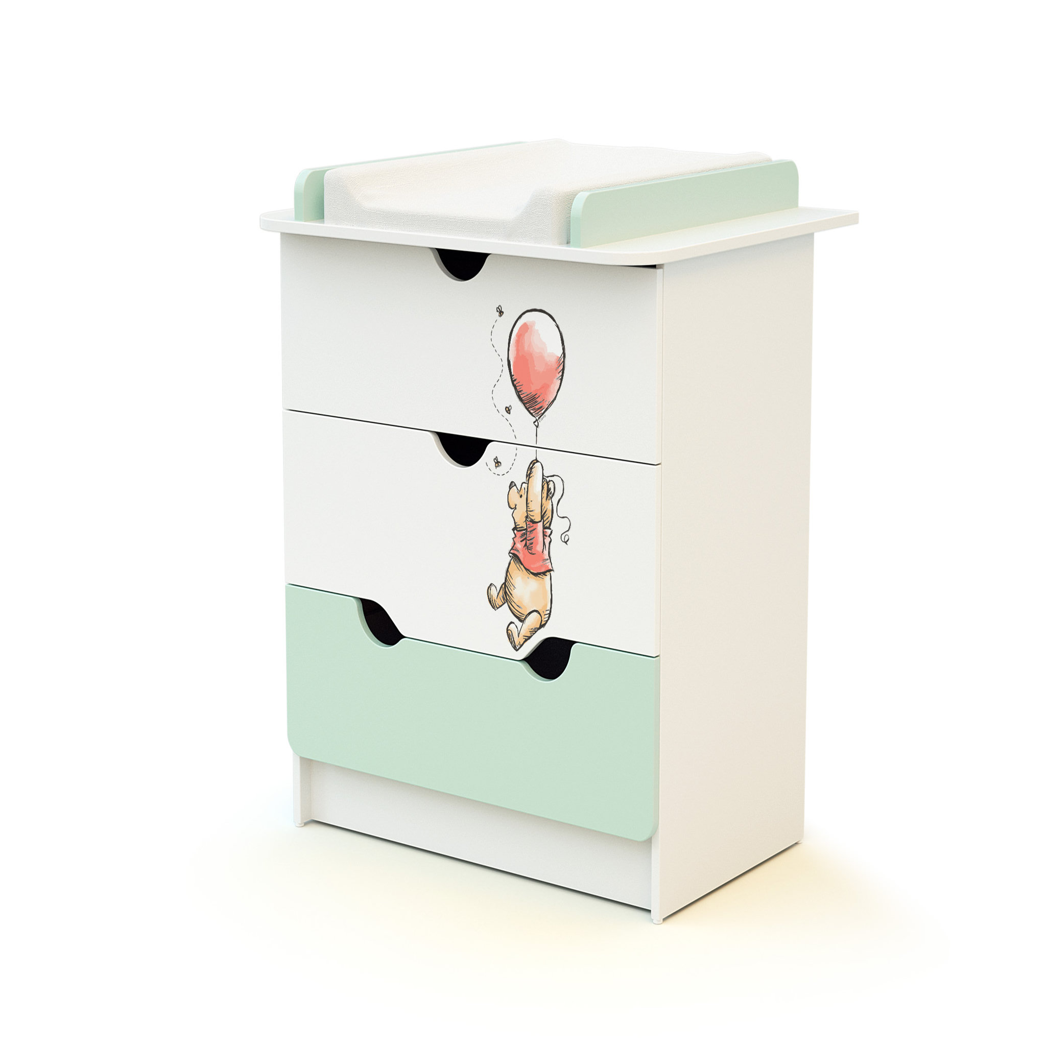 Voir la diapositive 3 : AT4 Ensemble lit bébé 60x120 cm et commode à langer 3 tiroirs WINNIE BALLON DISNEY Vert d'eau