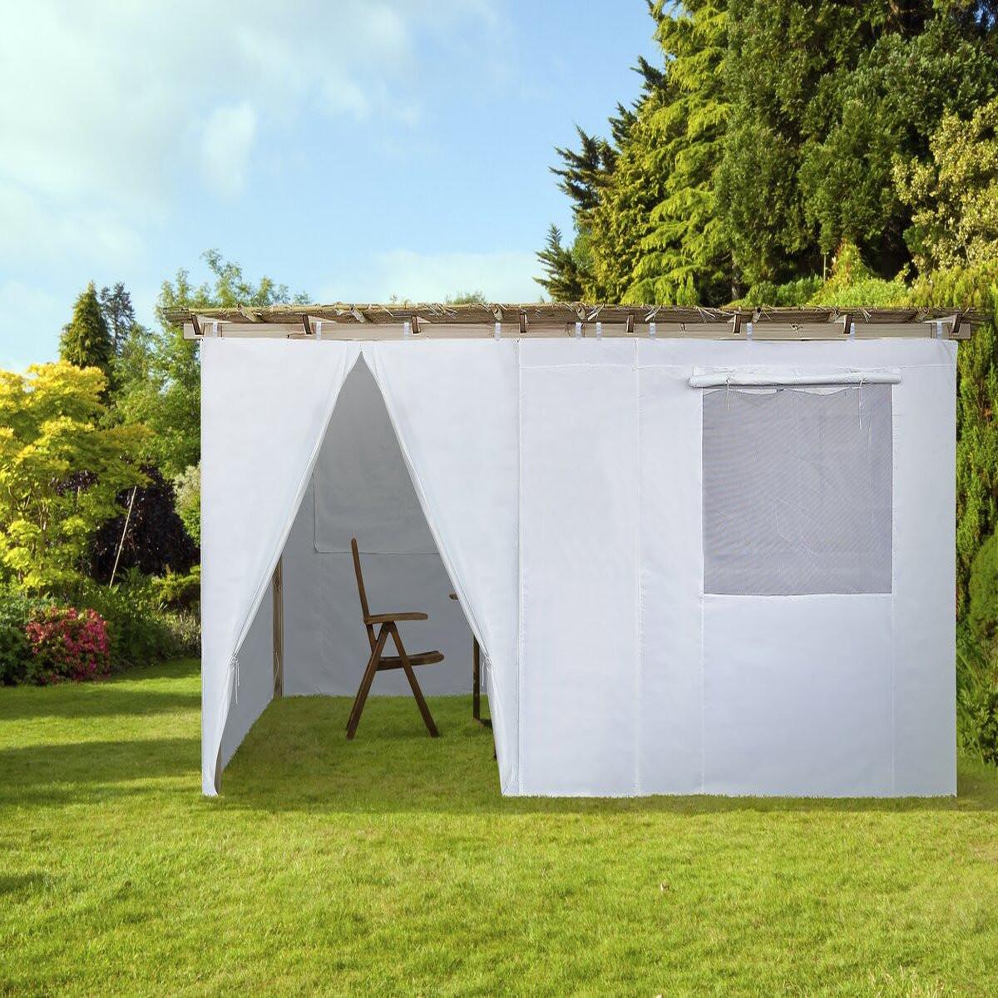 Voir la diapositive 2 : Habitat et Jardin Souccah en bois 3 x 5 m avec tissu - casher lemaehadrin - skhah non inclus