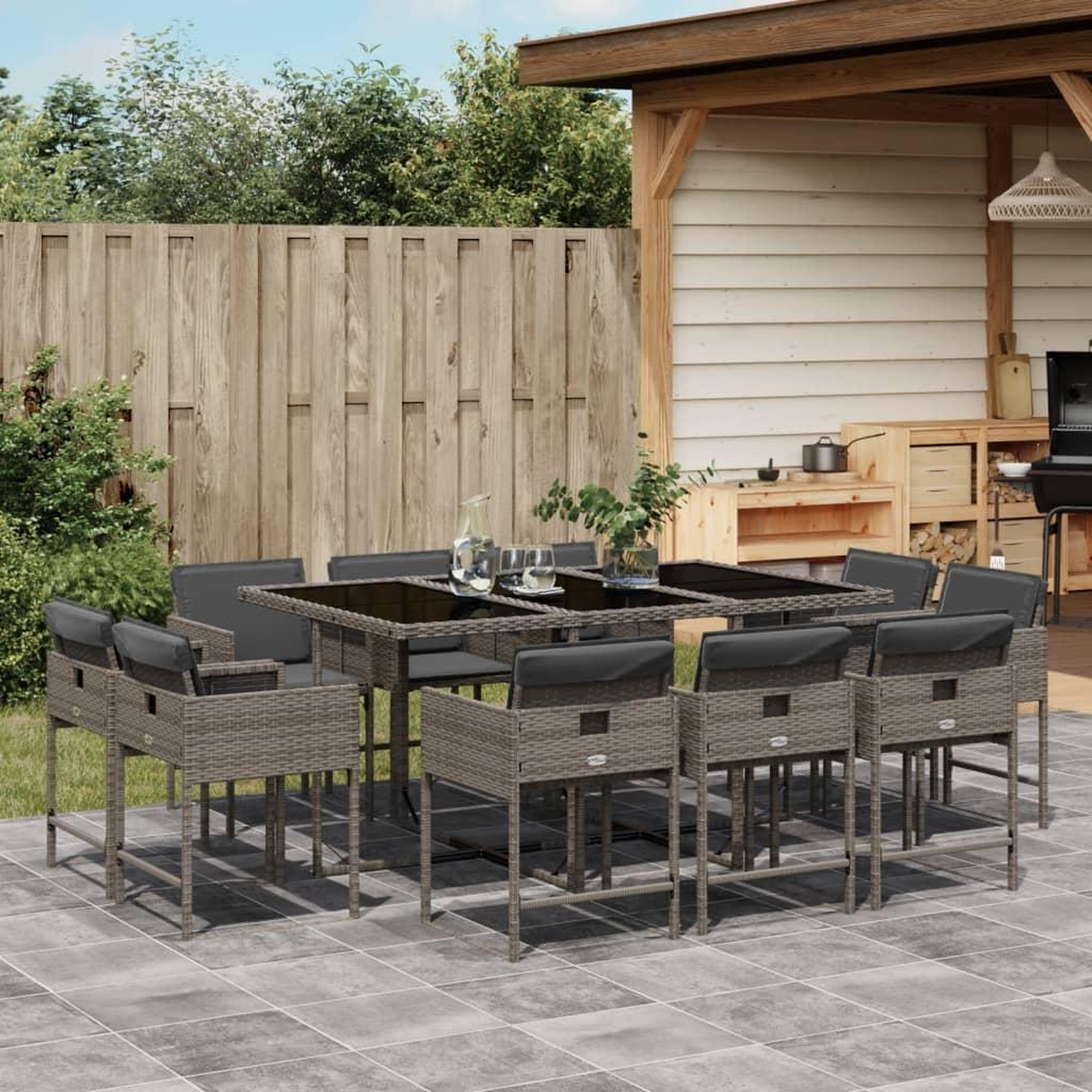 VIDAXL Ensemble a manger de jardin 11pcs avec coussins gris poly rotin