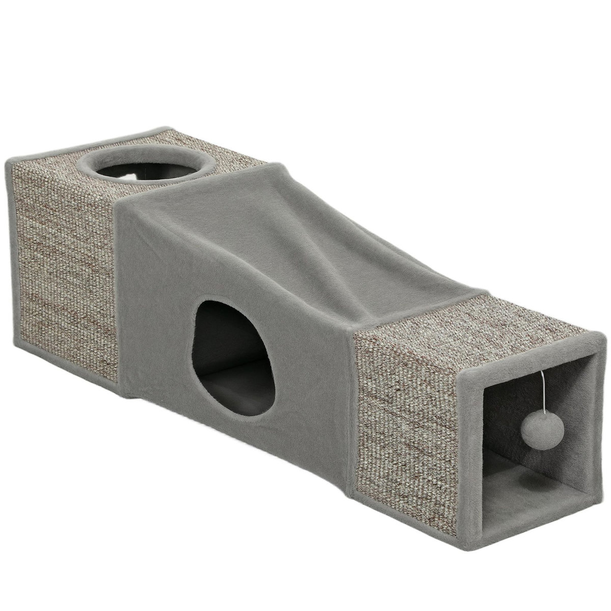 PAWHUT Tunnel grattoir niche modulable pour chat 3 en 1 - jeu balle suspendue - 4 entrées - peluche sisal gris