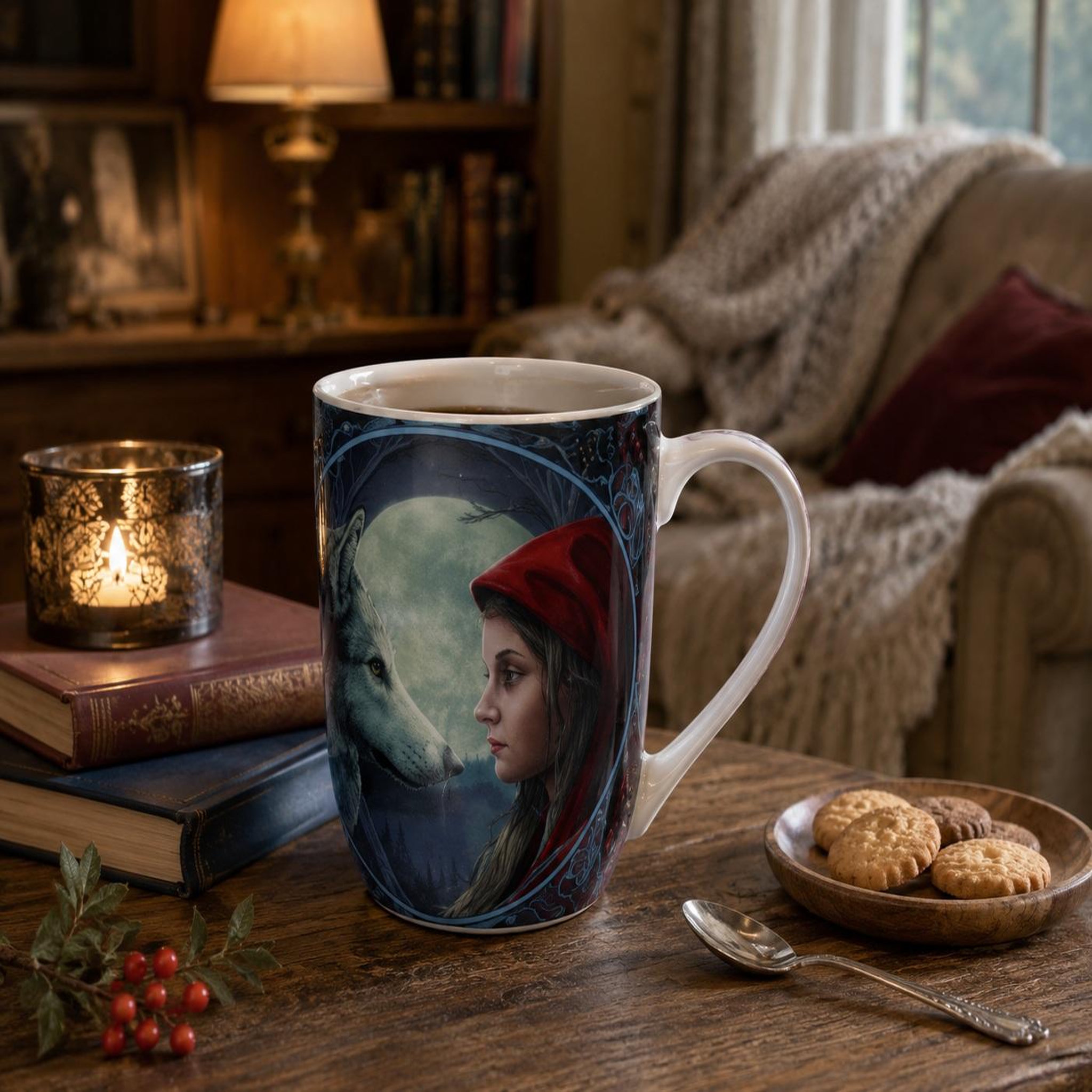 Voir la diapositive 2 : Eden Mug chaperon rouge et loup sous la pleine lune par lisa parker