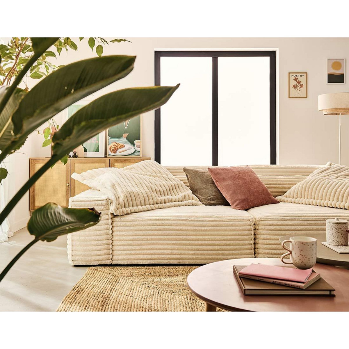 LISA DESIGN Richie - canapé droit 3 places avec double méridienne - assise profonde - en fausse fourrure côtelée