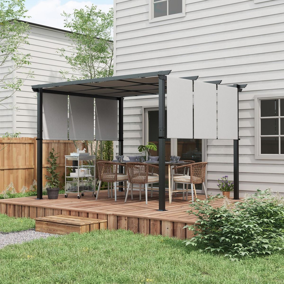 OUTSUNNY Pergola 3 toiles coulissantes - dim. 3,57L x 2,96l x 2,35H m - acier époxy noir polyester haute densité gris