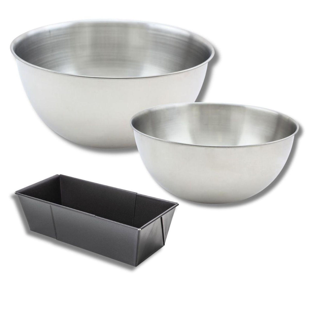 ZENKER Lot avec 1 moule à cake de 20 à 35 cm, 1 spatule Zenker et 2 bols à mixer en inox Fackelmann