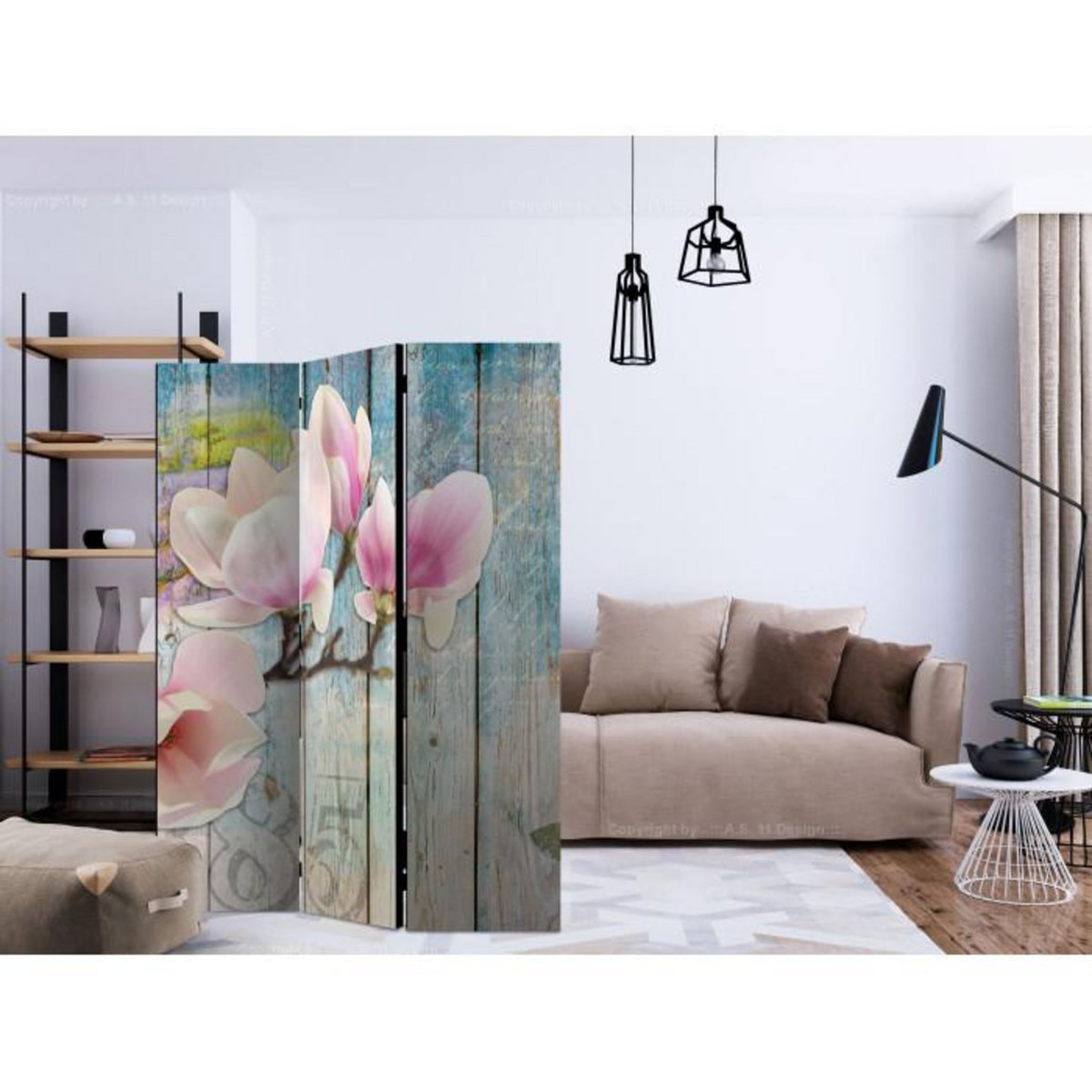 Paris Prix Paravent 3 Volets  Pink Flowers on Wood  135x172cm