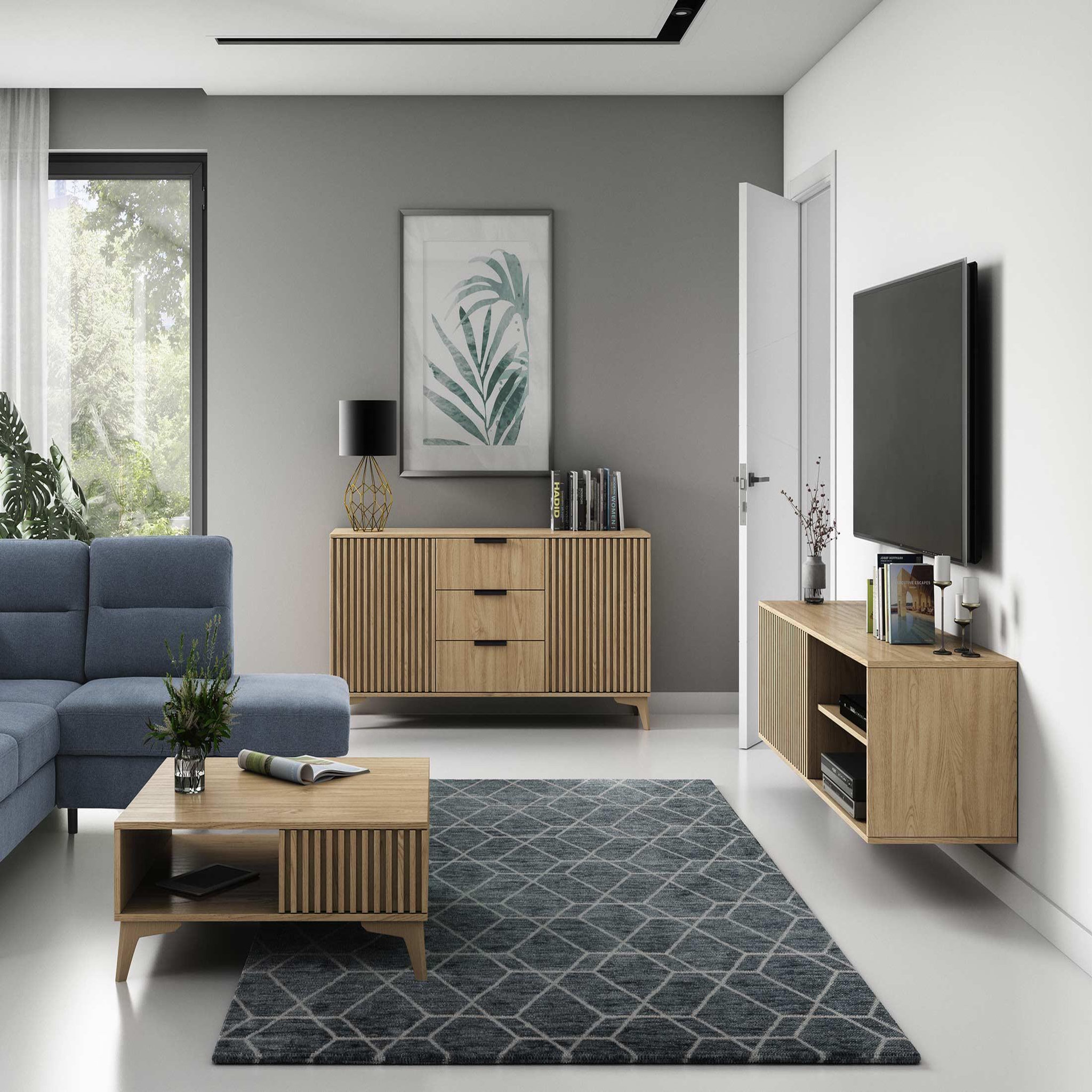 Voir la diapositive 5 : BEST MOBILIER Portmore - meuble tv - effet bois - 2 portes et 2 niches - 150 cm