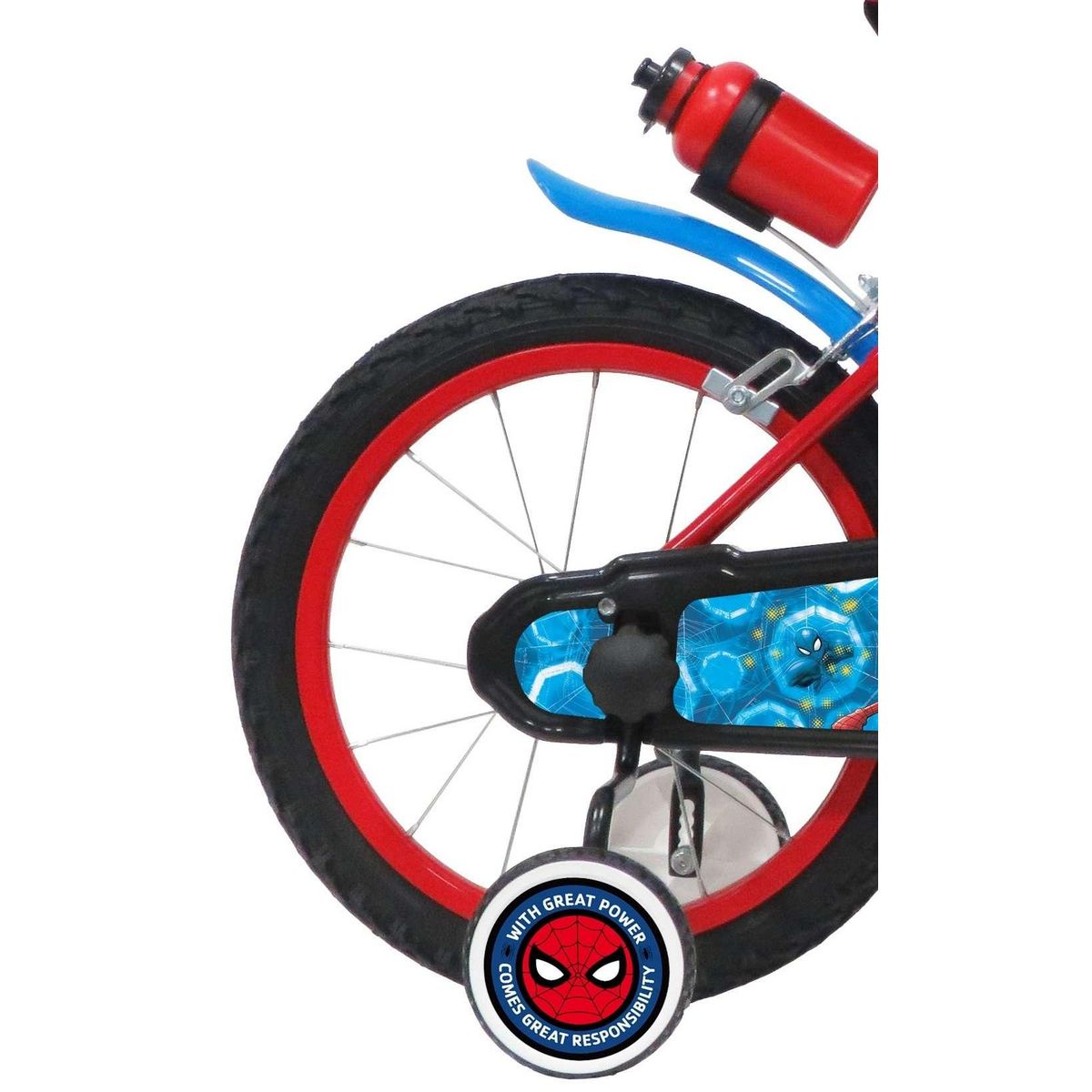 Marvel Vélo enfant - Modèle 16'' Spiderman + Casque pour enfant de 105/120 cm avec stabilisateurs - Plaque décorative avant - Porte bidon - 2 freins