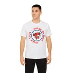 FREEGUN T-shirt homme en coton à col rond imprimé  La Vache Qui Rit. Coloris disponibles : Blanc