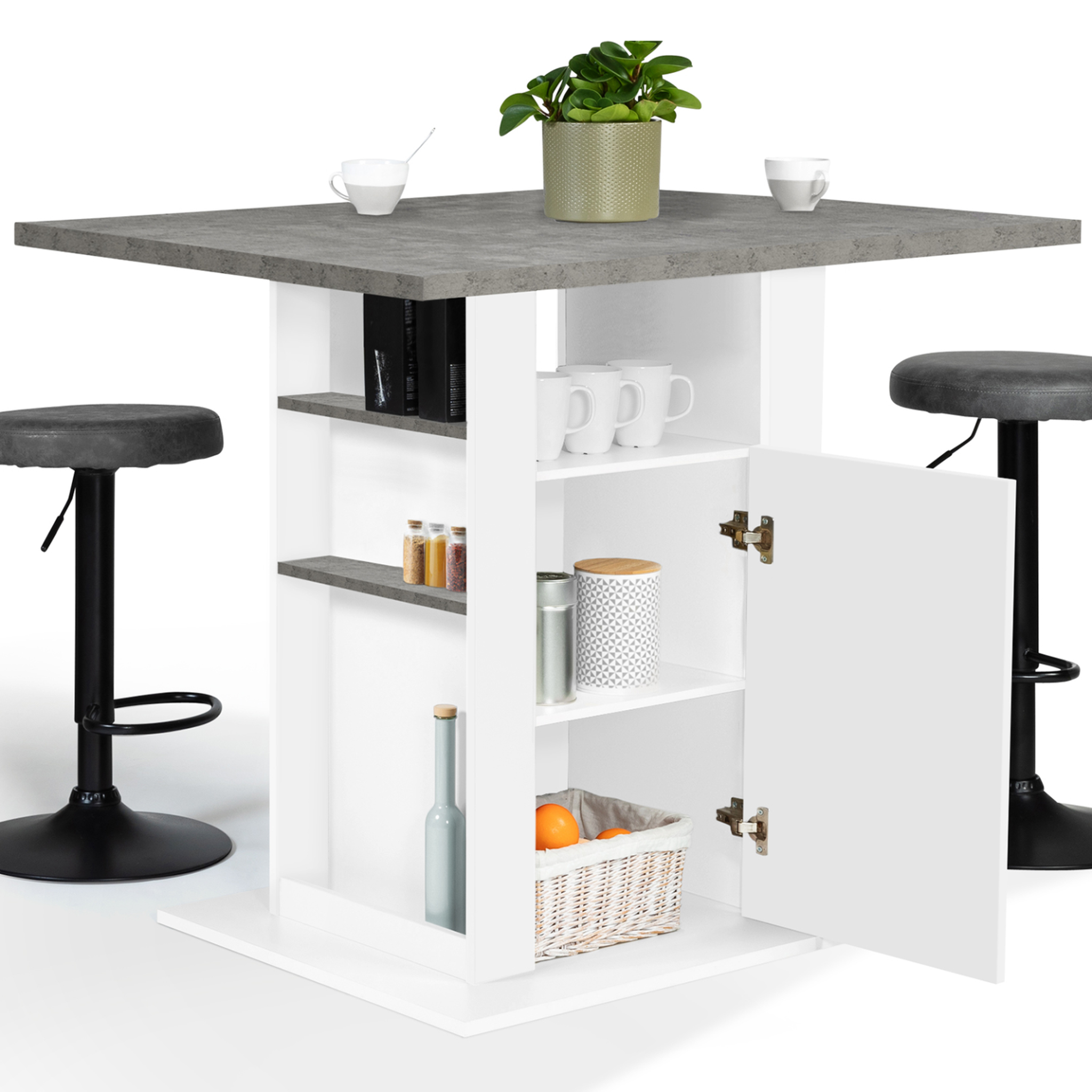 Voir la diapositive 4 : ID MARKET Ilot central ugo 110 cm plateau effet béton et blanc avec rangements