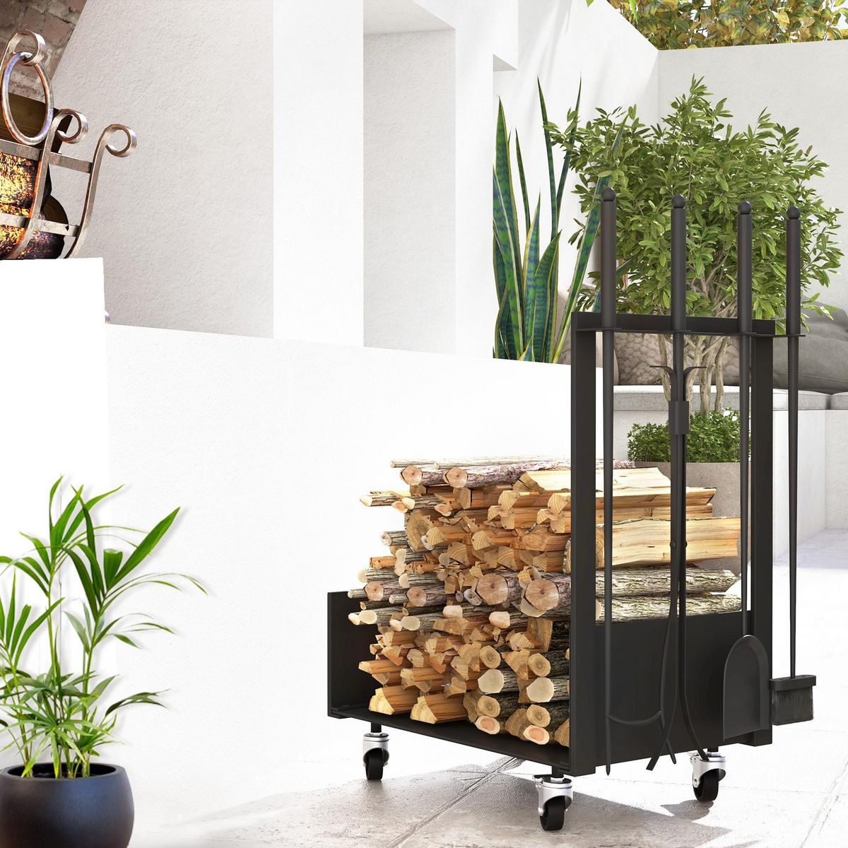 OUTSUNNY Serviteur de cheminée range-bûches chariot 3 en 1 - pelle, balai, tisonnier, pince - charge max. 60 Kg - métal noir