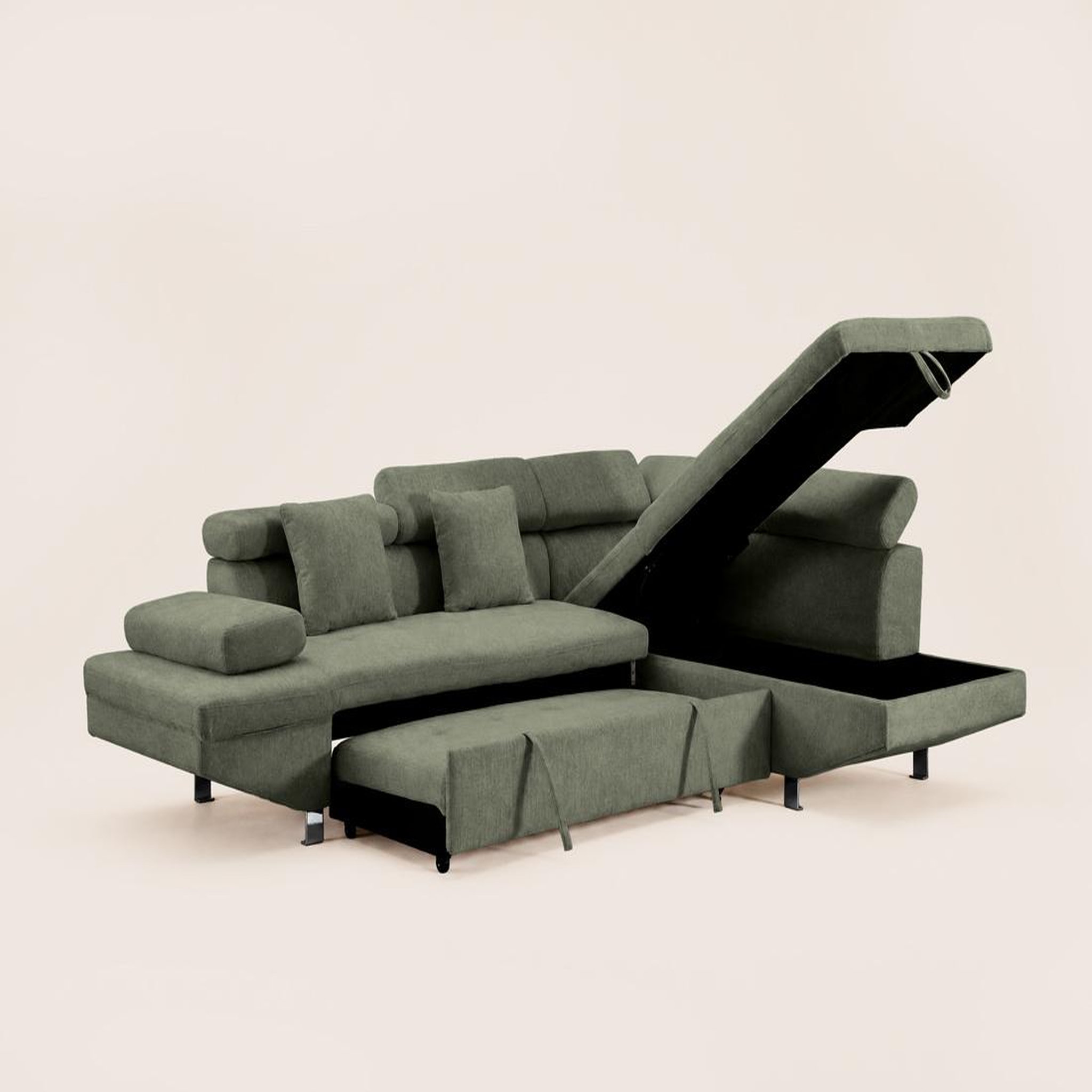 Voir la diapositive 5 : BEST MOBILIER Margaux - canapé d'angle droit 5 places convertible avec coffre et têtières réglables en velours texturé