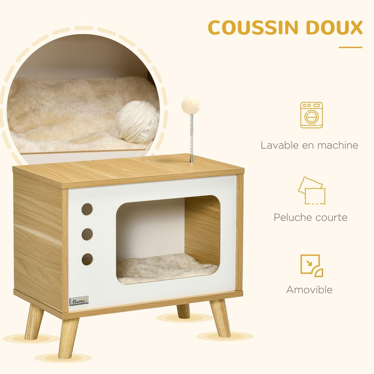 PAWHUT Maison pour chat design poste de télévision - niche chat panier chat - 2 coussins amovibles, boule à ressort - panneaux aspect bois clair blanc