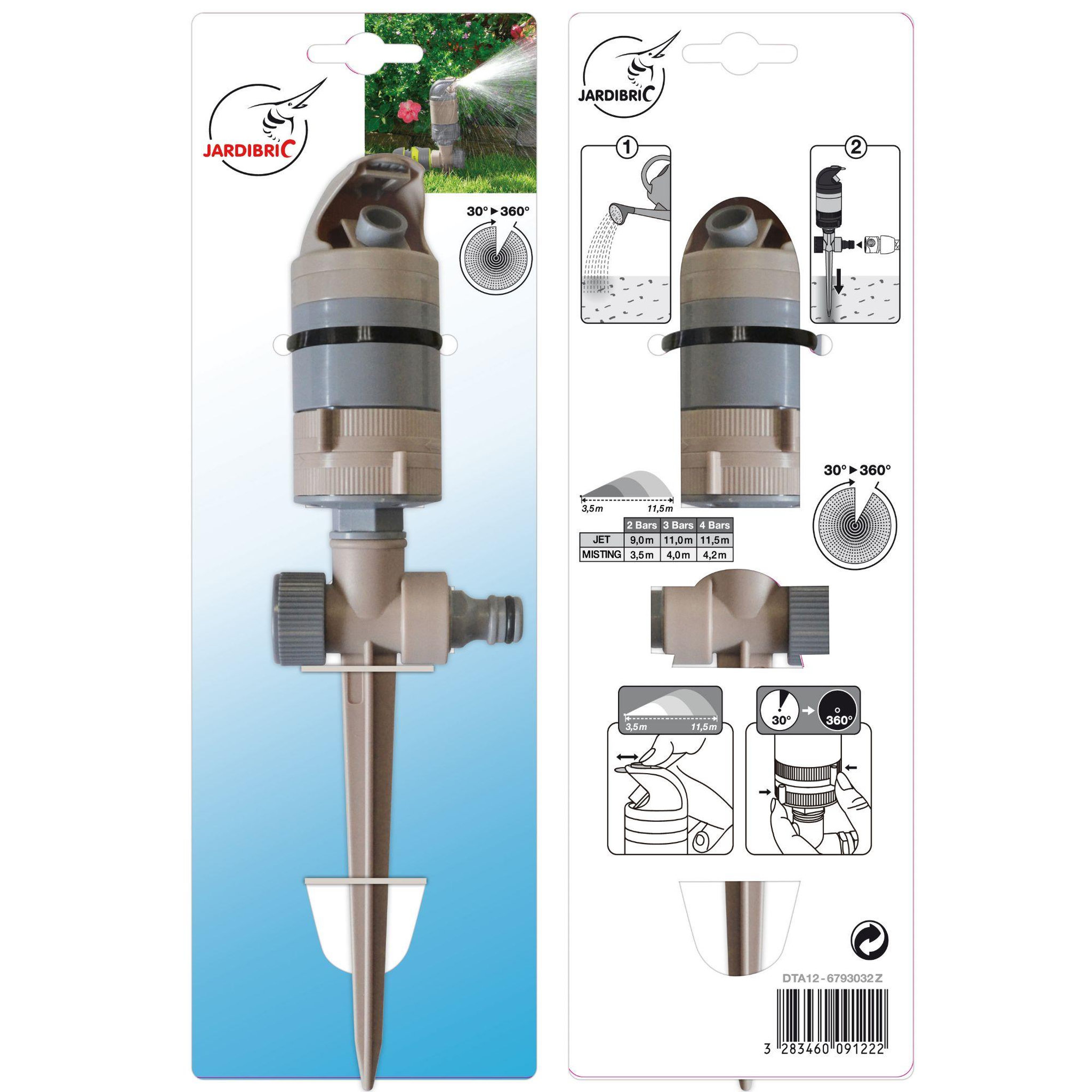 Voir la diapositive 5 : Jardibric Arroseur rotatif turbine de surface 2 jets sur pic passant