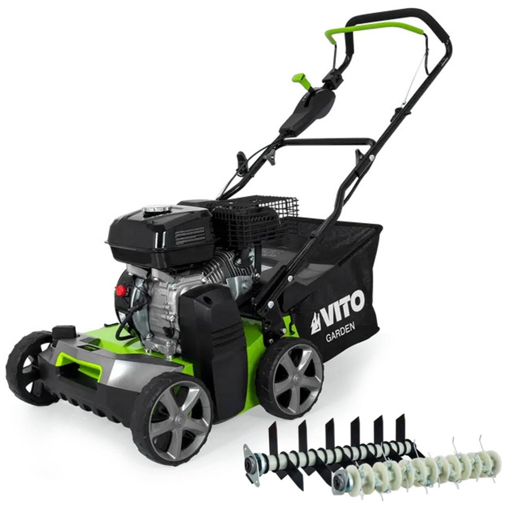 VITO Scarificateur thermique 5,4 cv – scarificateur & démousseur pelouse 2000 m2, largeur 40cm, réglable, bac 45l vito