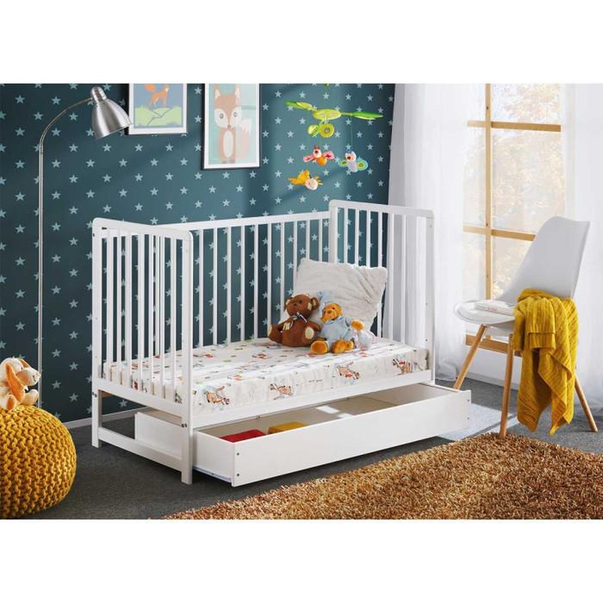 Voir la diapositive 5 : Paris Prix Lit Bébé, Matelas & Tiroir de Lit  Cypi  60x120cm Blanc
