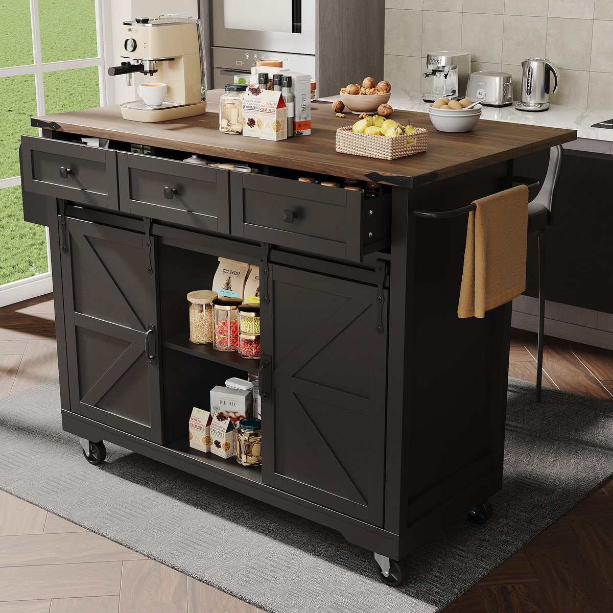 MERAX Desserte 2 portes 3 tiroirs coloris noir mdf