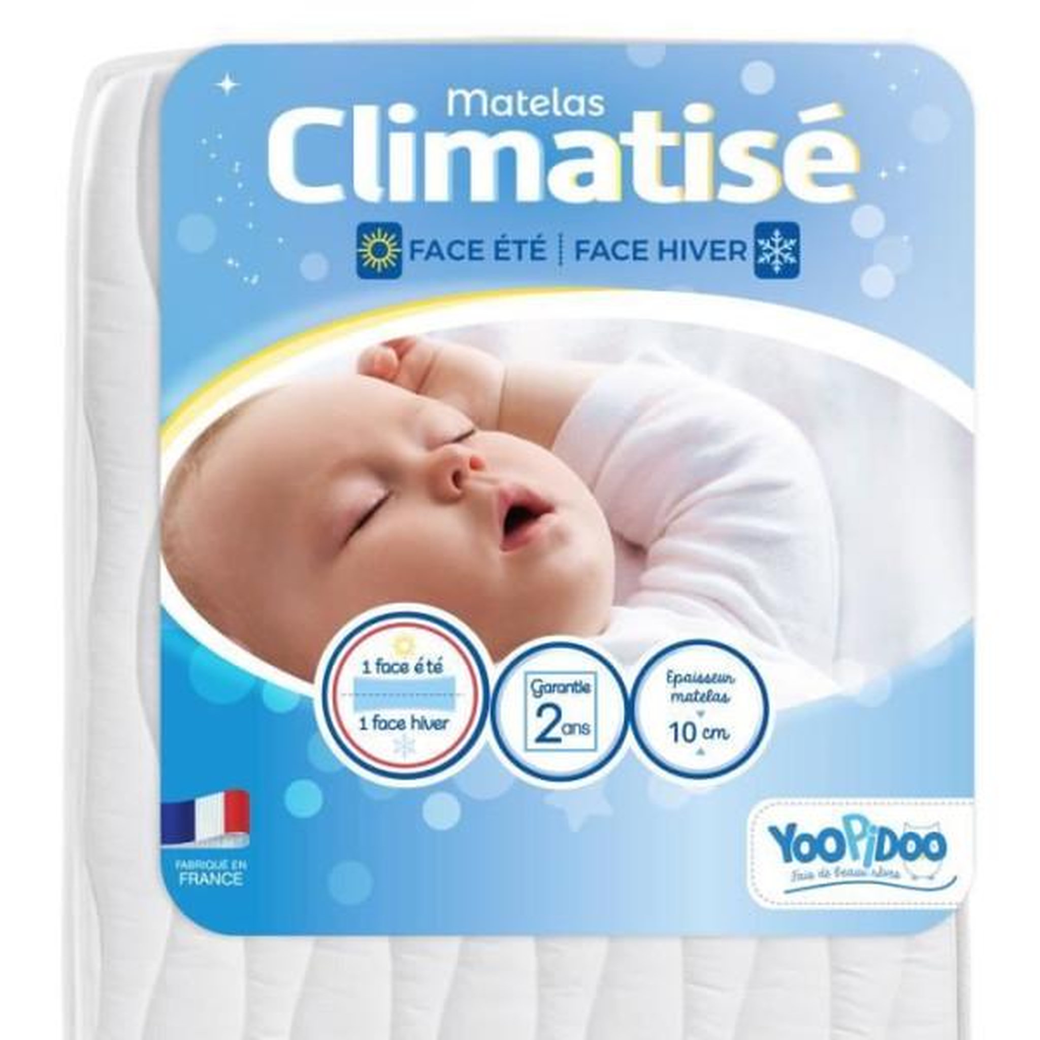 MARKET24 Yoopidoo - Matelas Bébé Climatisé - 60x120 cm - 1 face Été fraîche / 1 face Hiver ouatinée - Sans Traitement chimique