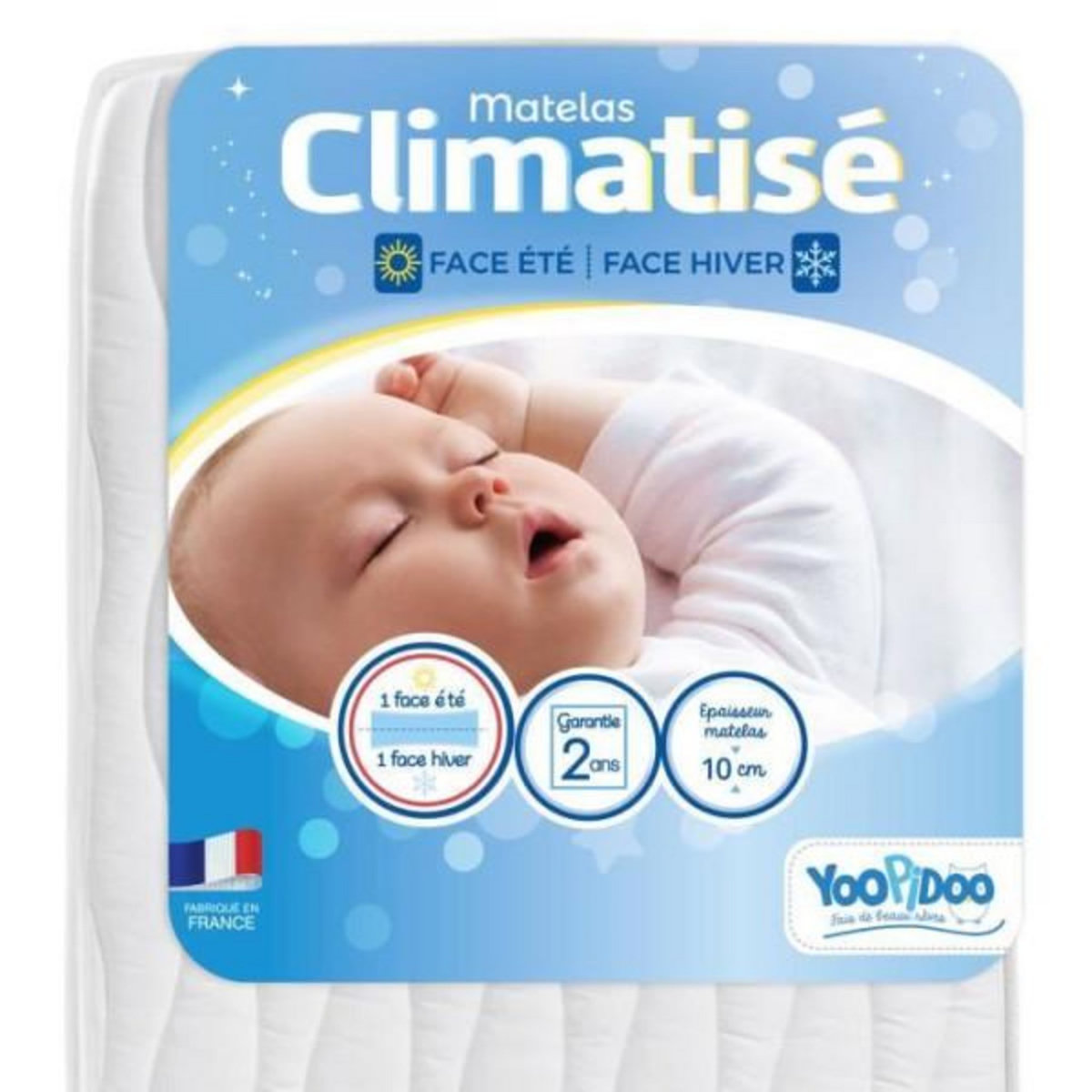 MARKET24 Yoopidoo - Matelas Bébé Climatisé - 60x120 cm - 1 face Été fraîche / 1 face Hiver ouatinée - Sans Traitement chimique